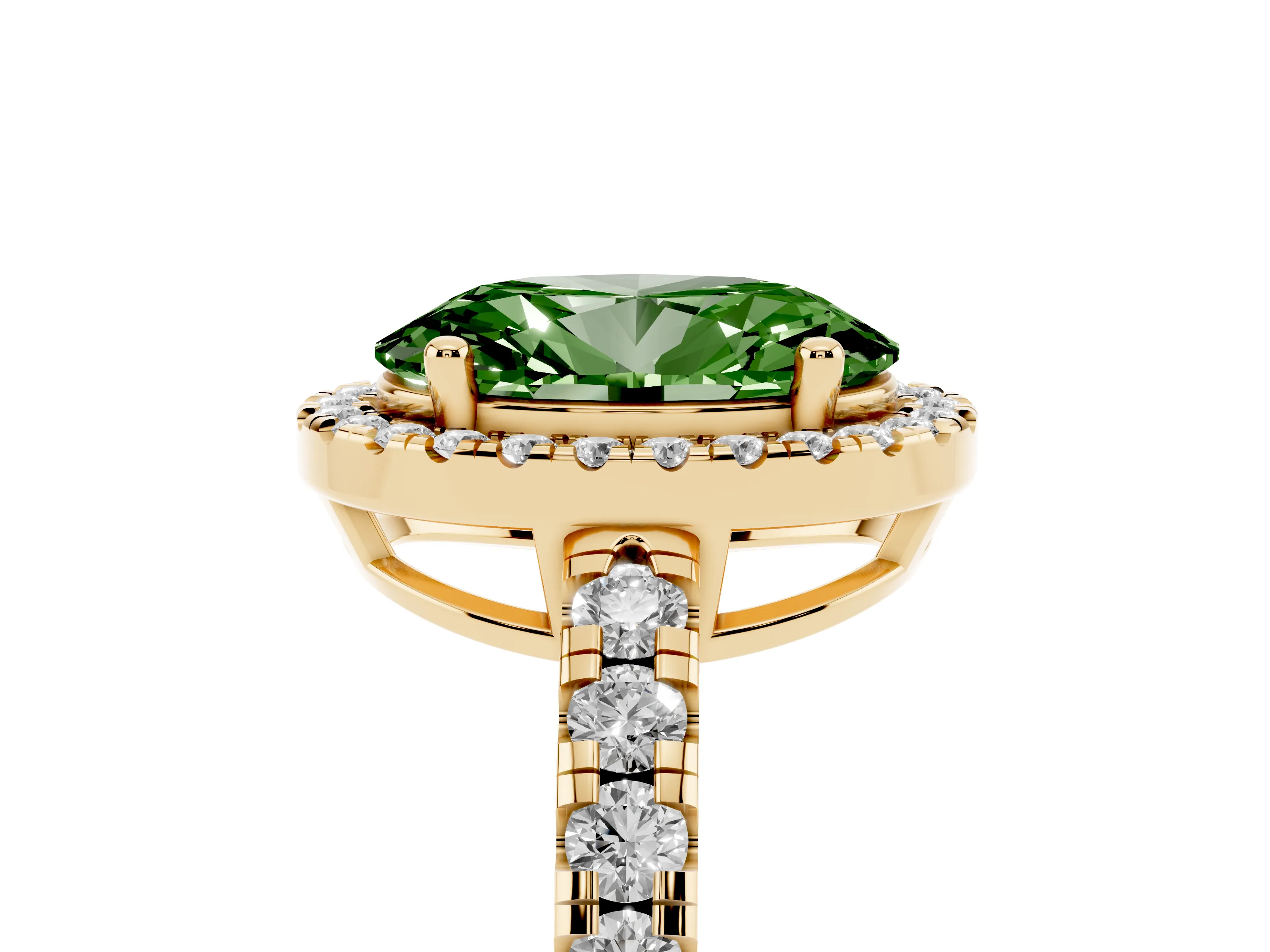 Fancy Green Oval Cut Diamond Halo Ring Set in Yellow gold with Delicate Pavé Band and Prong Setting