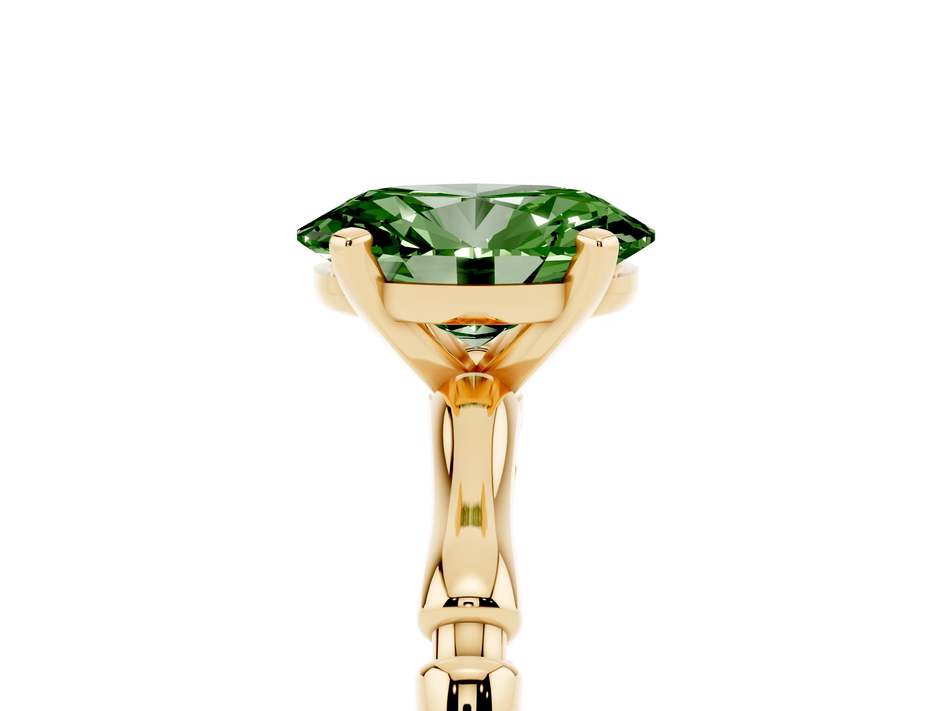 Fancy Green Oval Cut Diamond Solitaire Ring Set in Yellow gold with Bamboo Band and Prong Setting