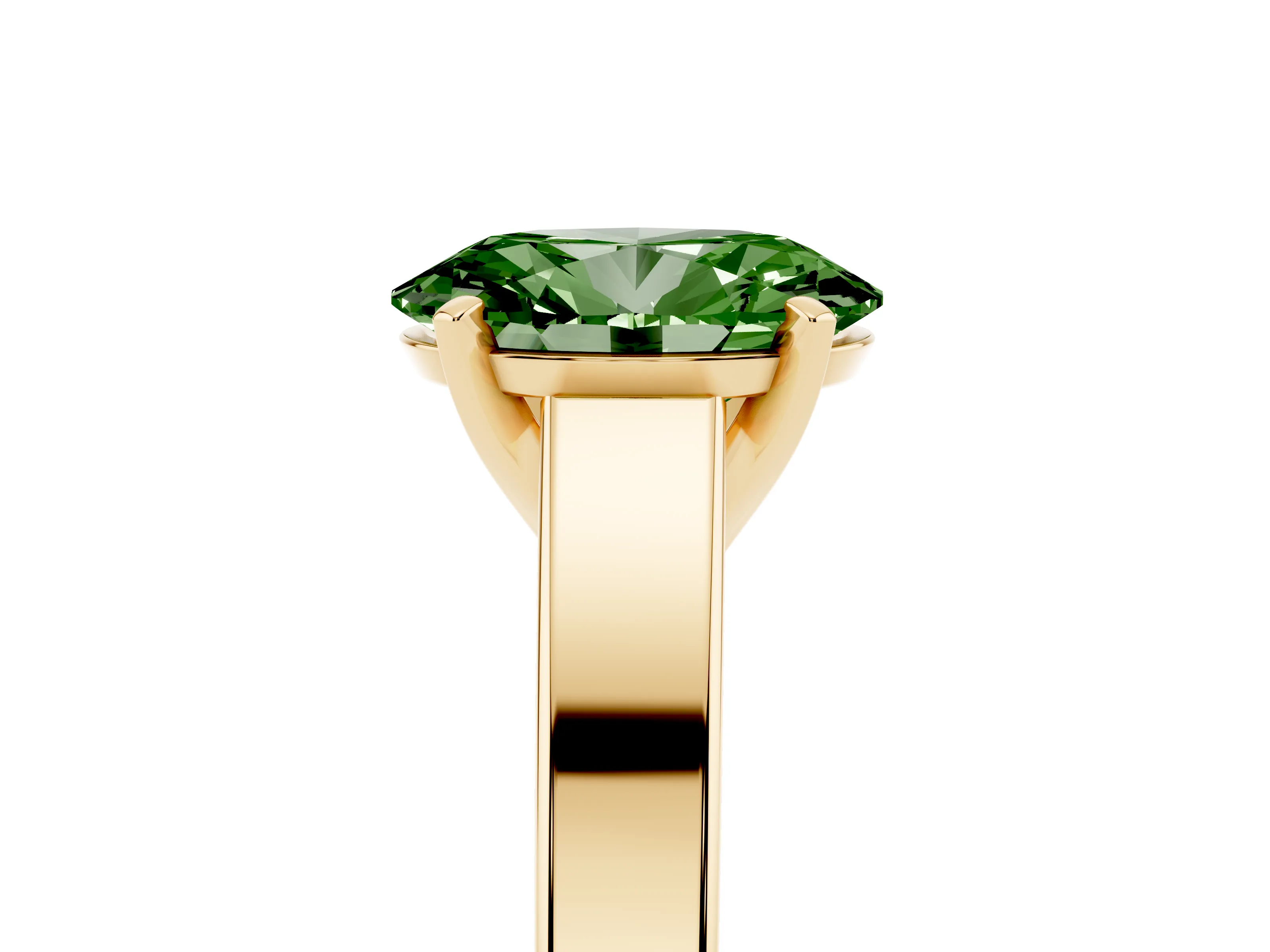 Fancy Green Oval Cut Diamond Solitaire Engagement Ring Set in Yellow gold with Prong Setting and Tapered Band