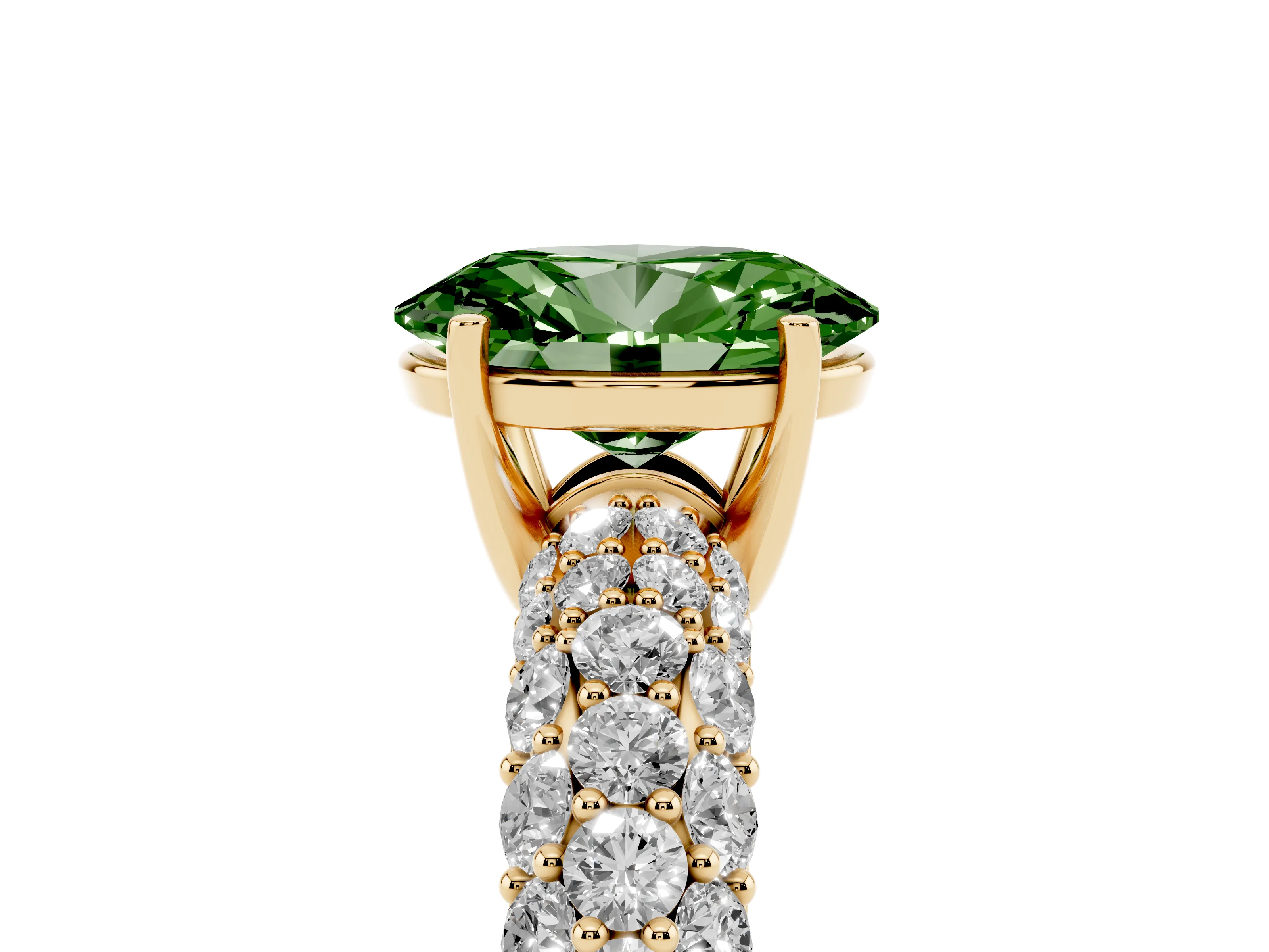 Fancy Green Oval Cut Diamond Pavé Band Solitaire Ring Set in Yellow gold with Close-Set Accent Stones and Prong Setting