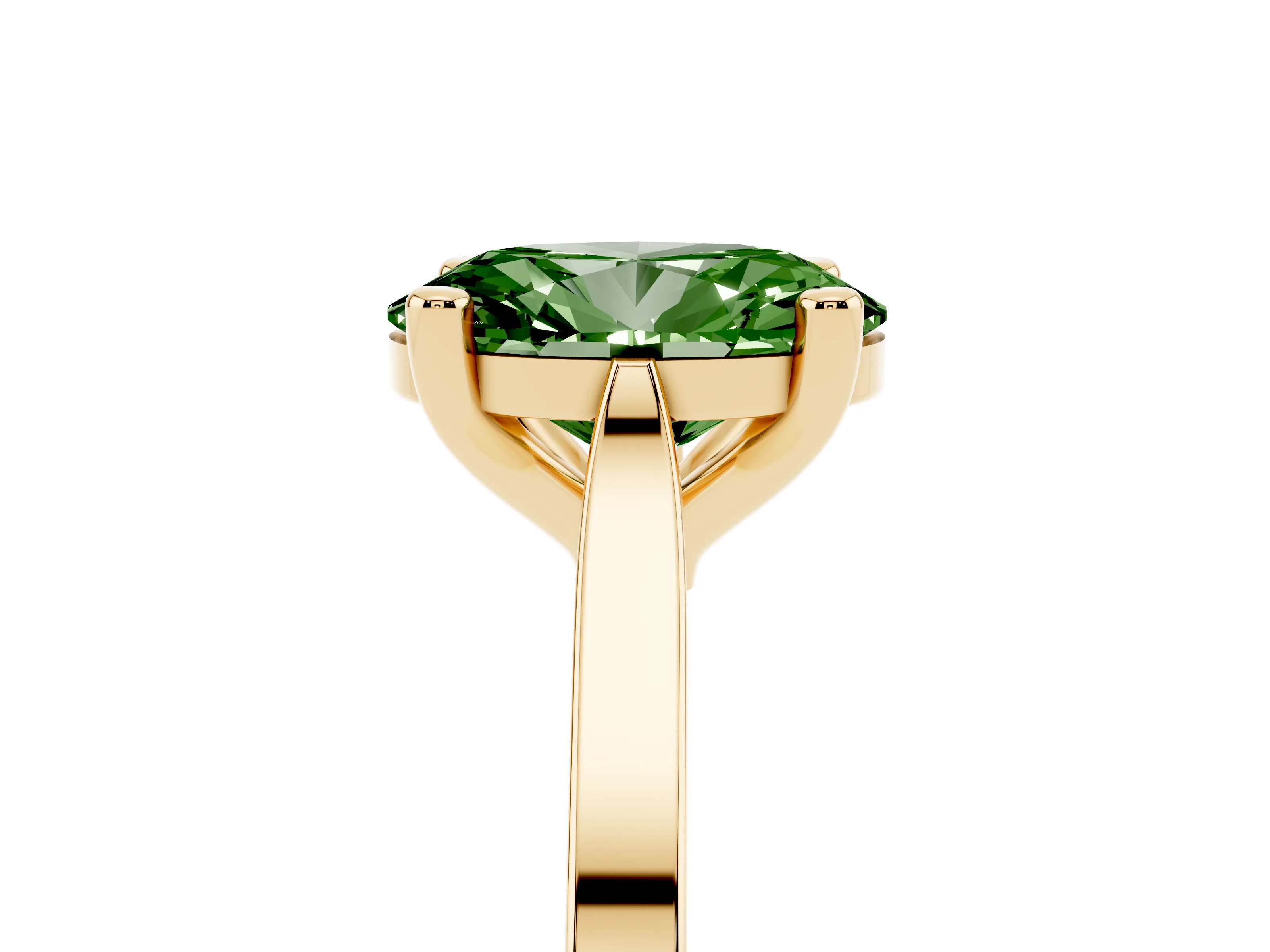 Fancy Green Oval Cut Diamond Solitaire Ring Set in Yellow gold with Prong Setting and Tapered Band