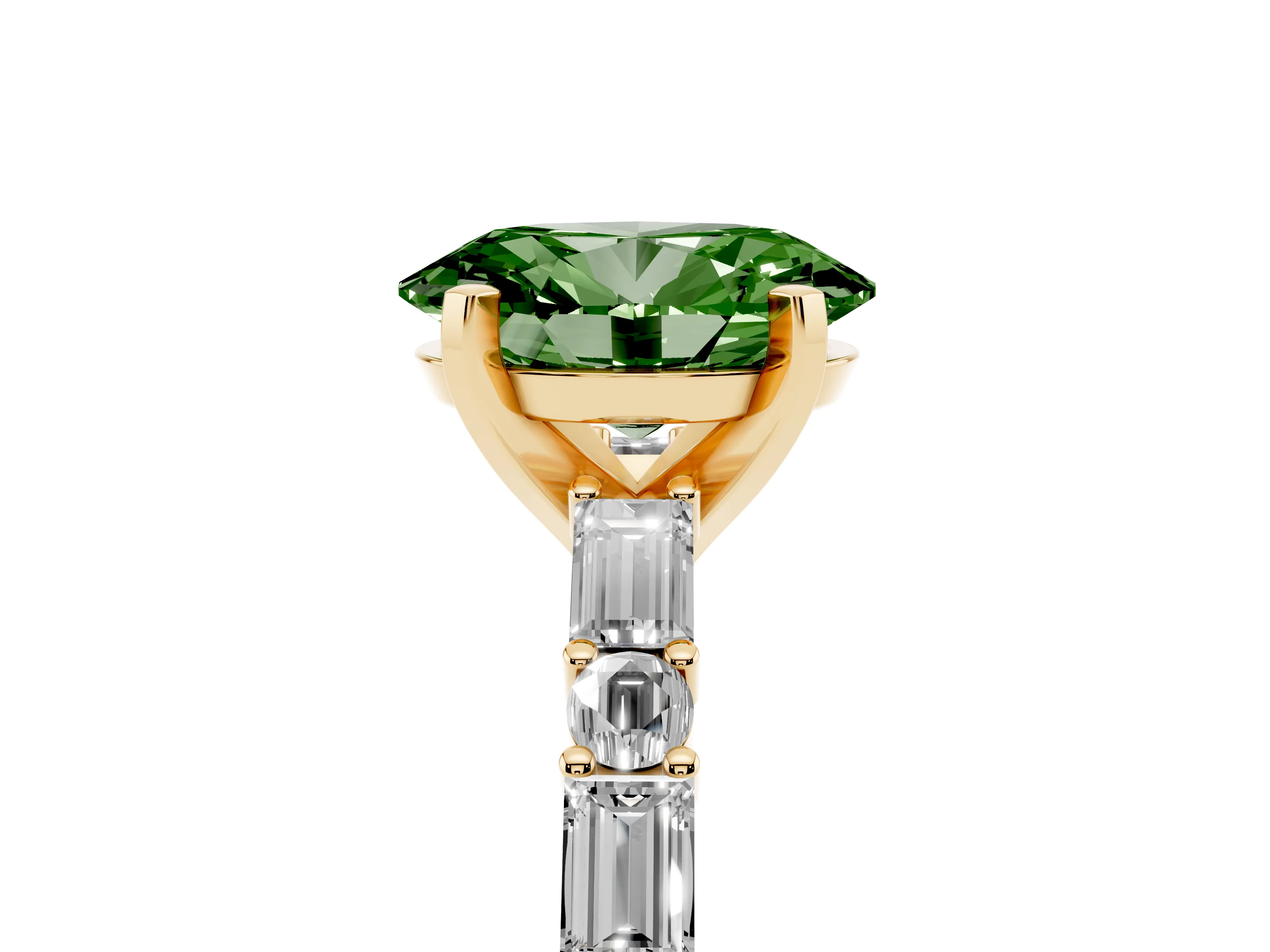Fancy Green Oval Cut Diamond Solitaire Set in Yellow gold with Side Baguettes and Channel Set Band