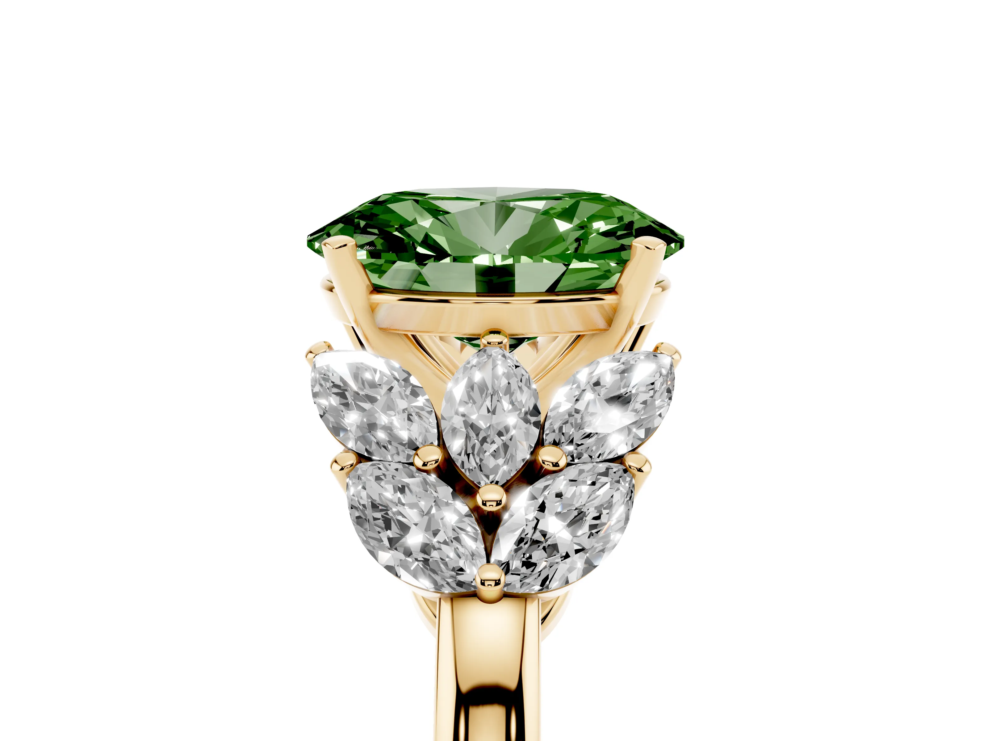 Fancy Green Oval Cut Diamond Cluster Leaf Design Ring Set in Yellow gold with Prong Setting