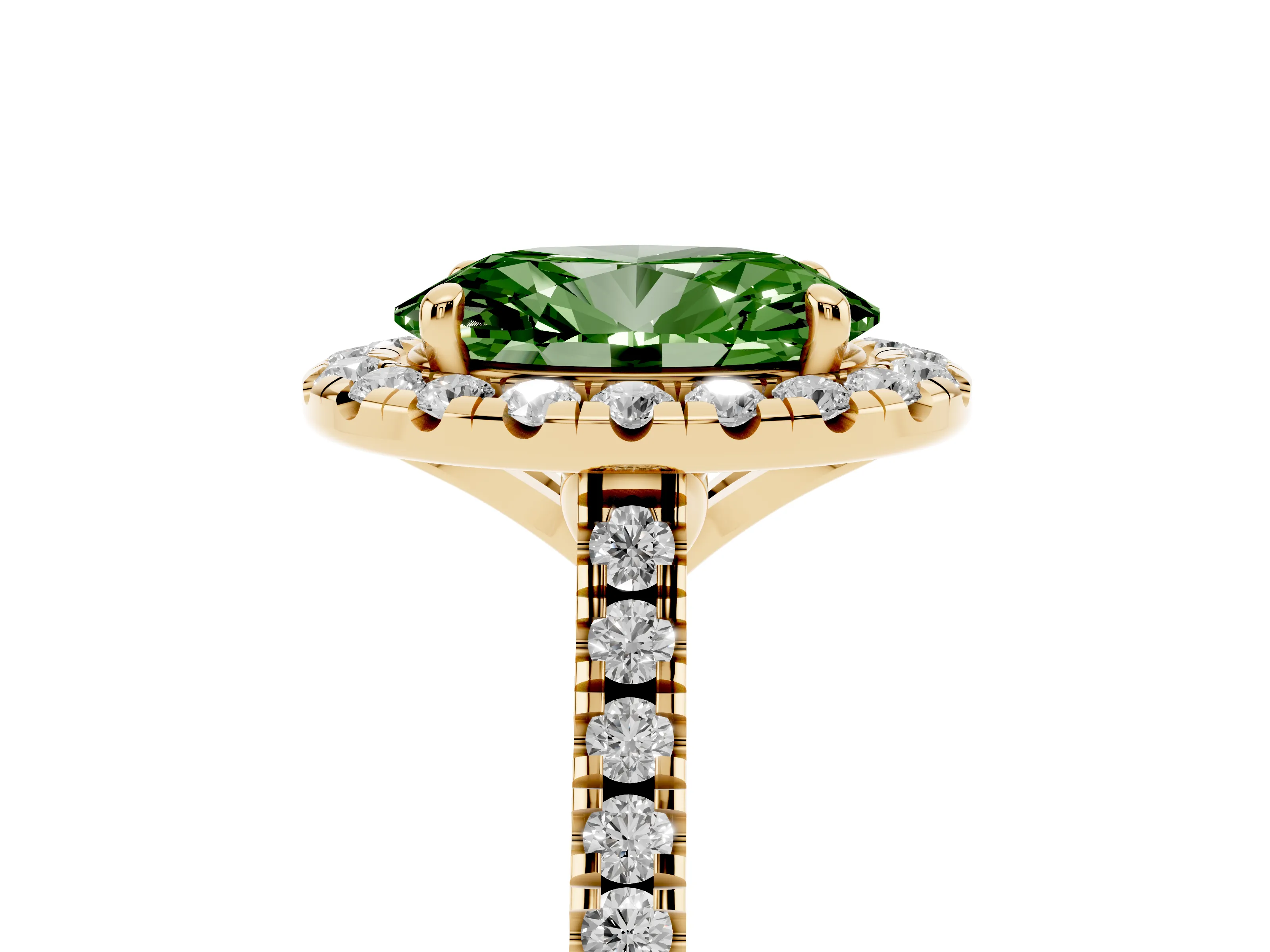 Fancy Green Oval Cut Diamond Cushion Halo Ring Set in Yellow gold with Pavé Band