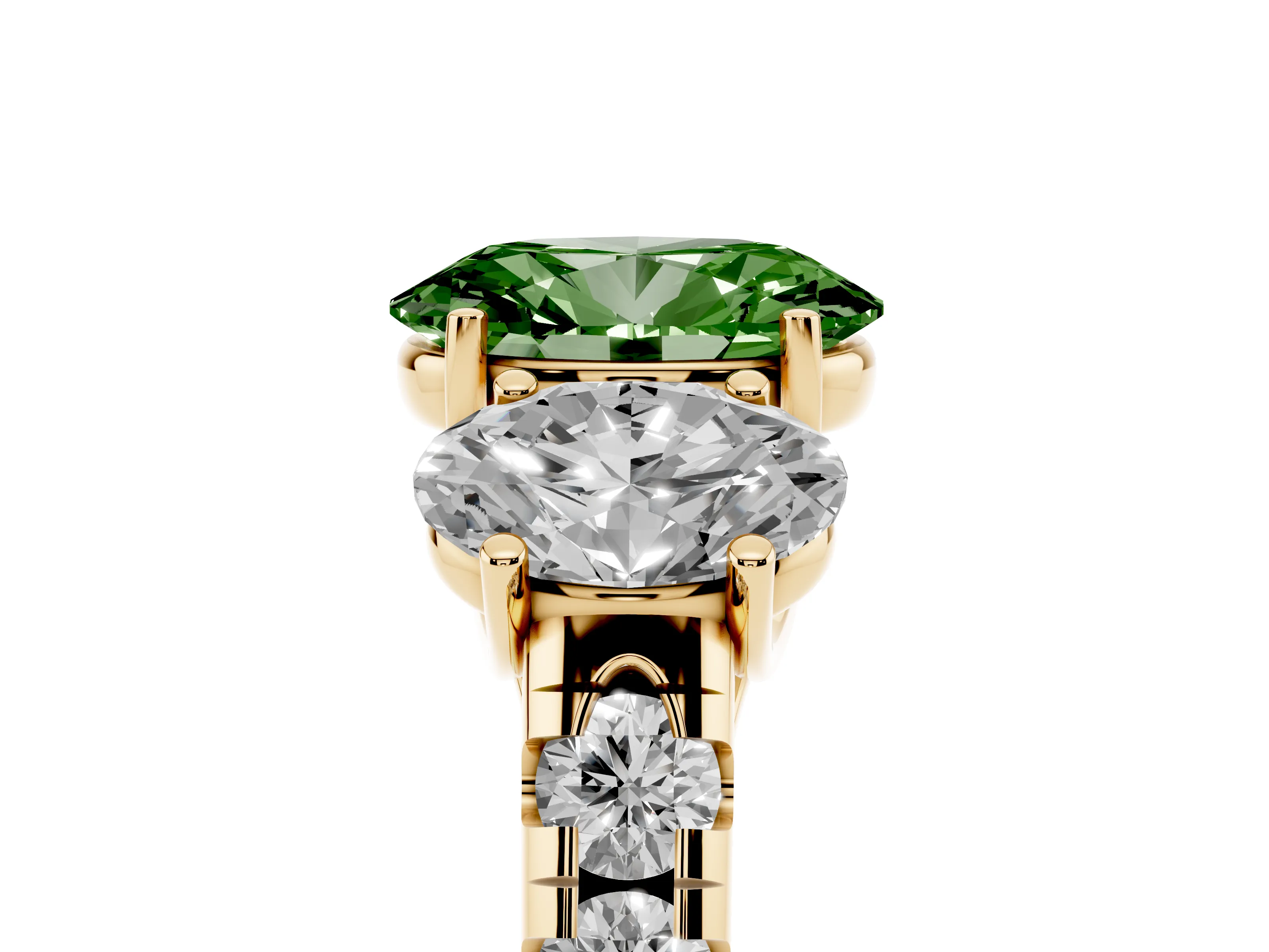 Fancy Green Oval Cut Diamond Three-Stone Ring Set in Yellow gold with Pavé Band