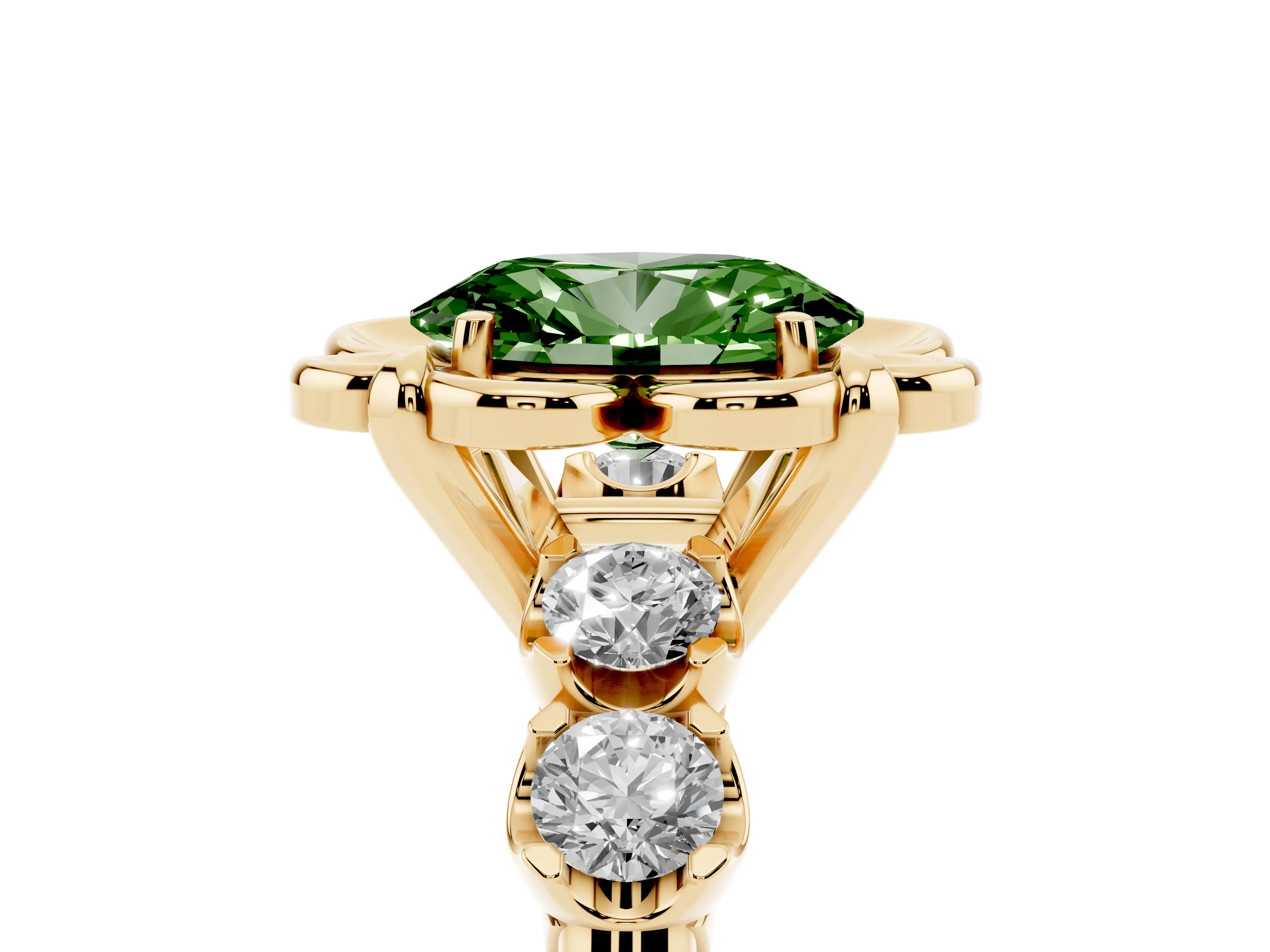 Fancy Green Oval Cut Diamond Floral Halo Ring Set in Yellow gold with Shared Prong Band