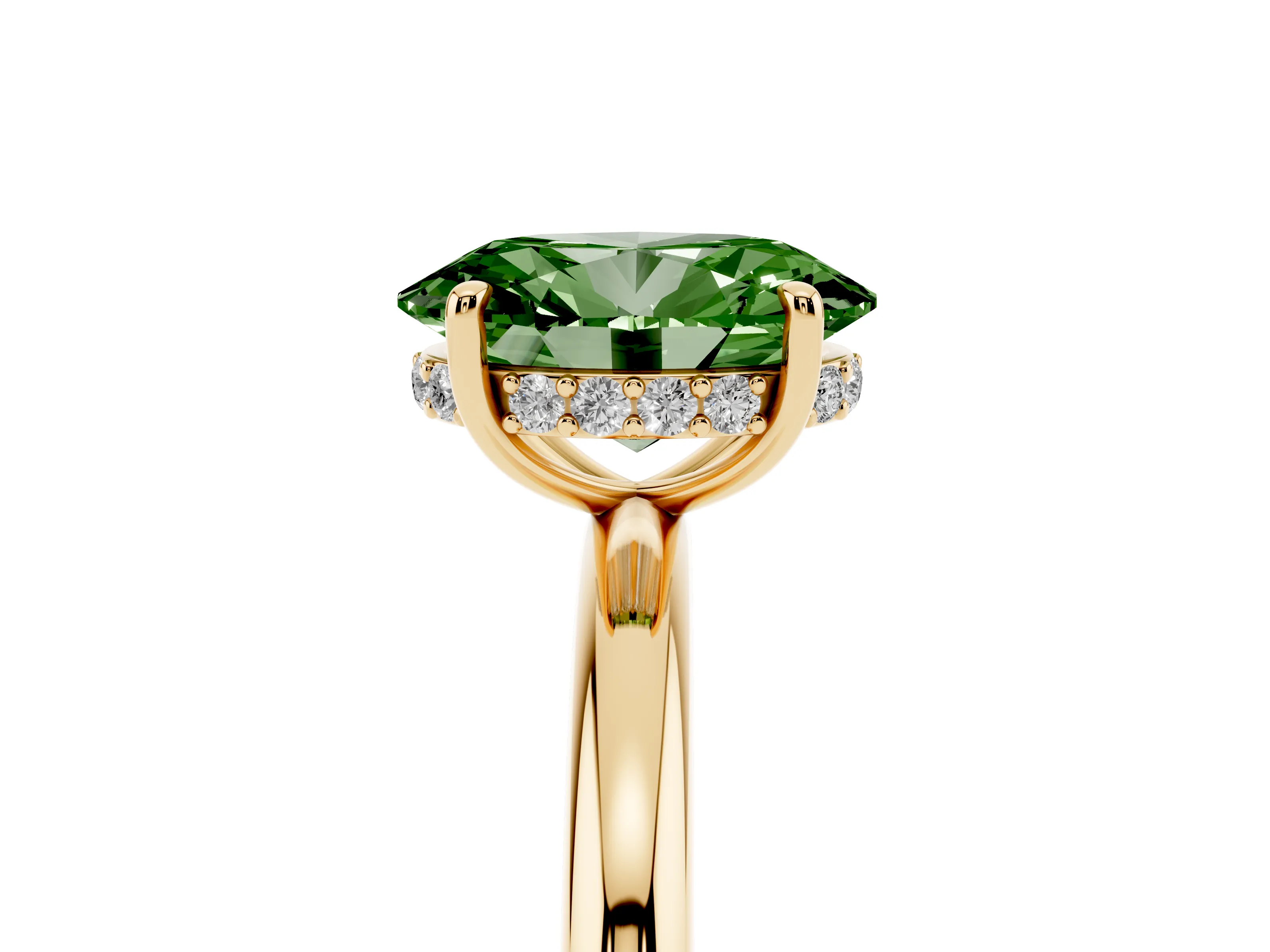 Fancy Green Oval Cut Diamond Solitaire Ring Set in Yellow gold with Thin Band and Prong Setting