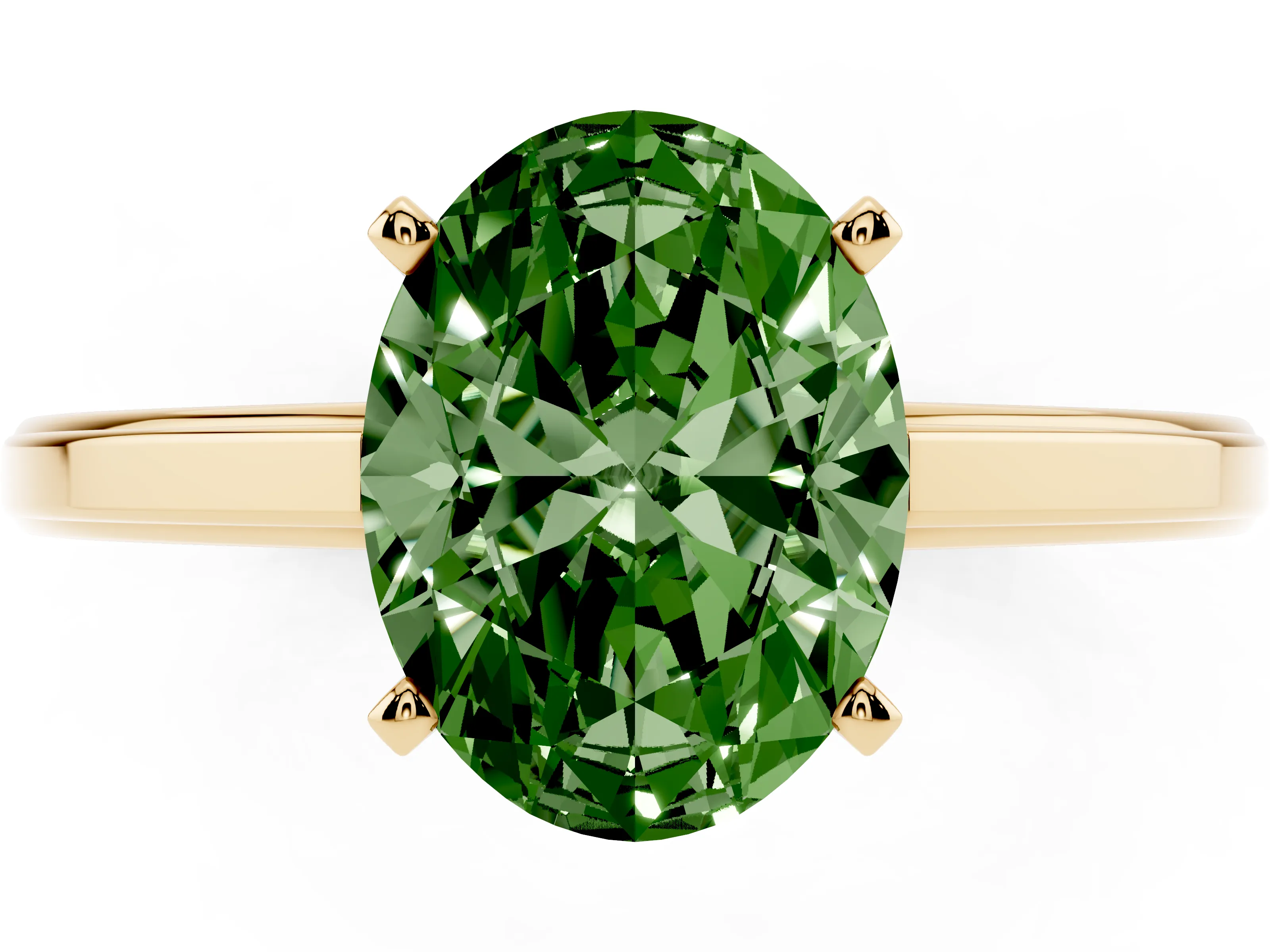 Fancy Green Oval Cut Diamond Solitaire Ring Set in Yellow gold with Prong Setting and Classic Band