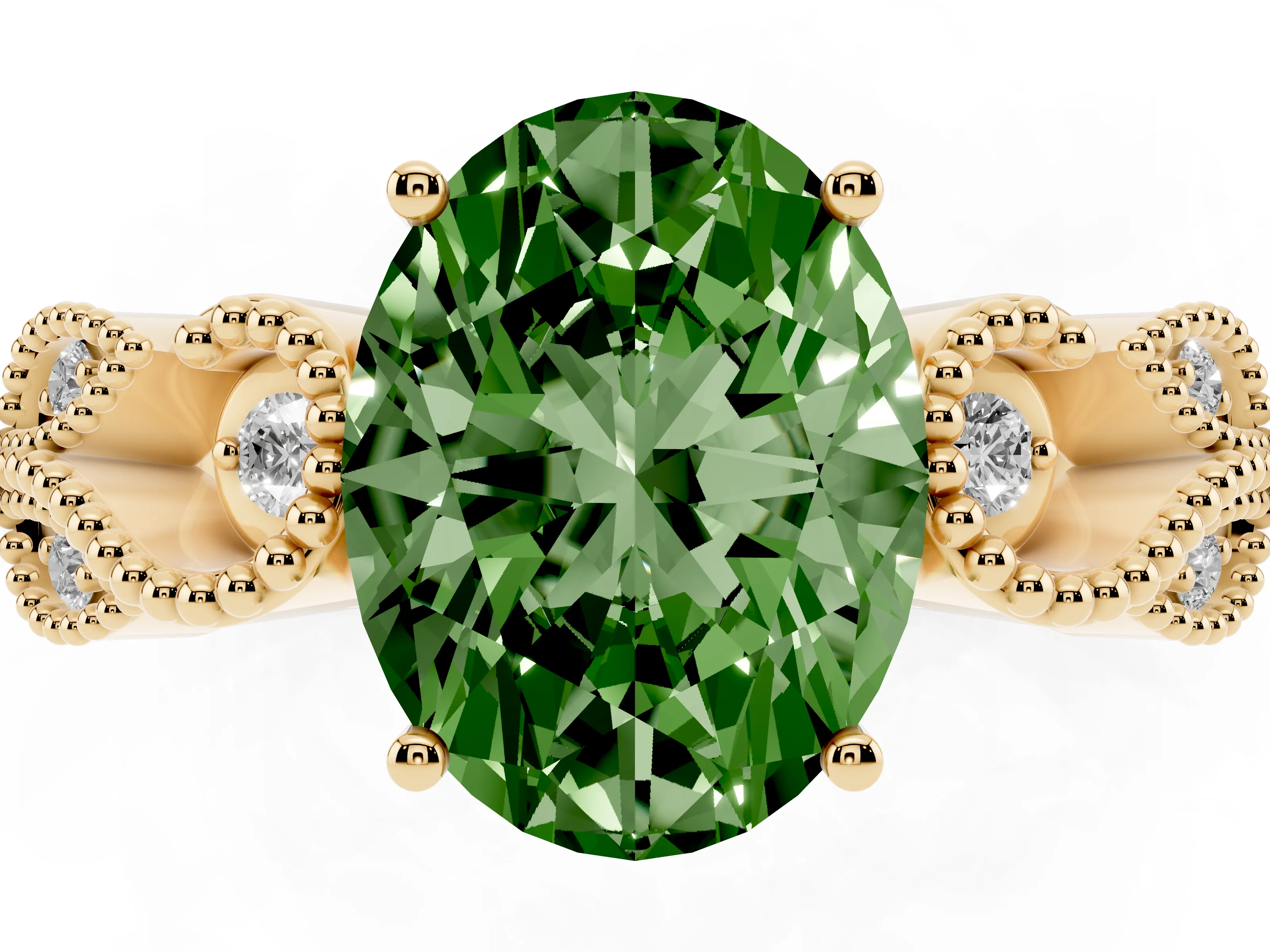 Fancy Green Oval Cut Diamond Milgrain Leaf Band Solitaire Ring Set in Yellow gold with Accent Stones and Prong Setting