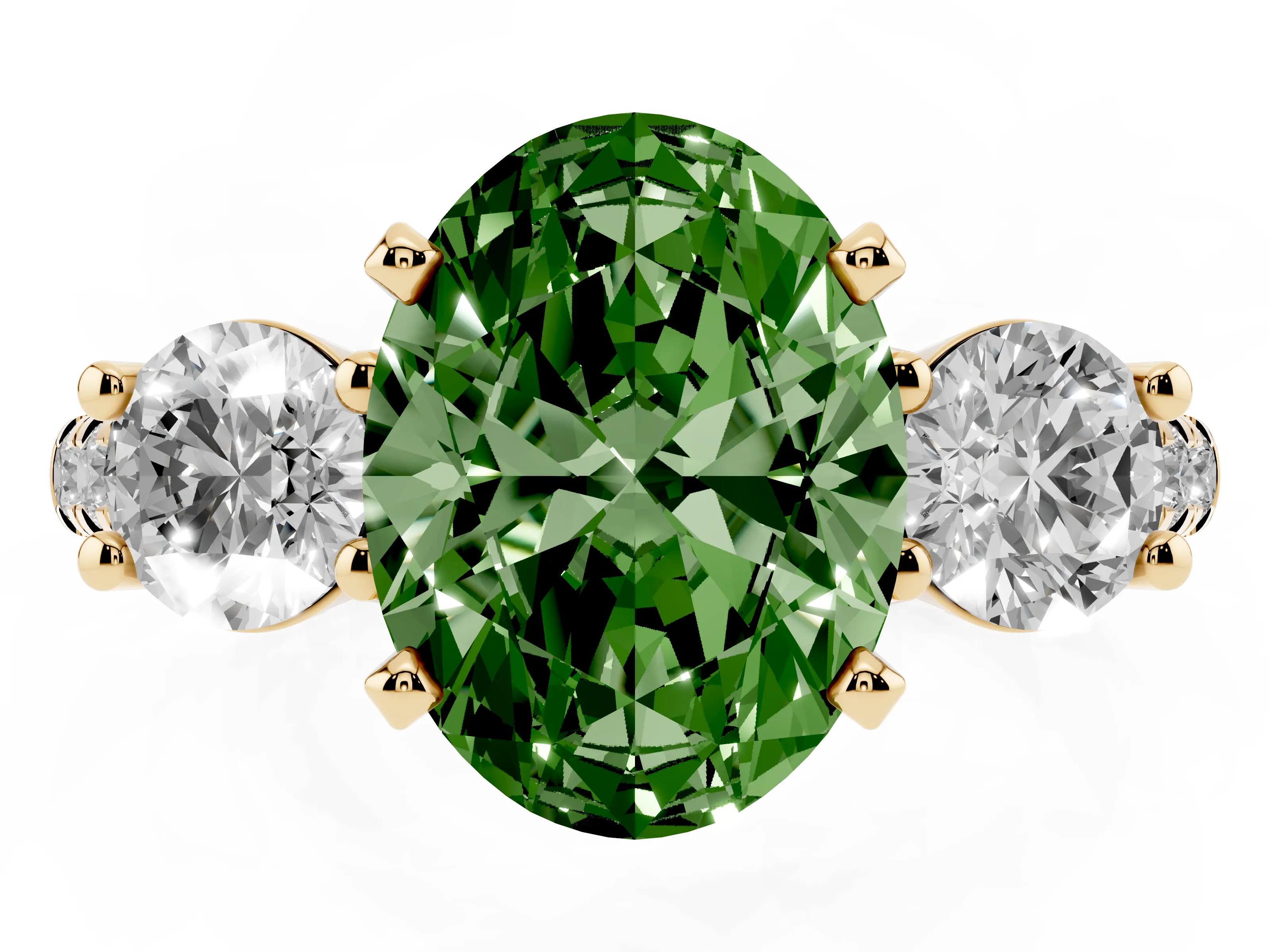Fancy Green Three-Stone Oval Cut Diamond Pavé Band Ring Set in Yellow gold with Prong-Set Trio