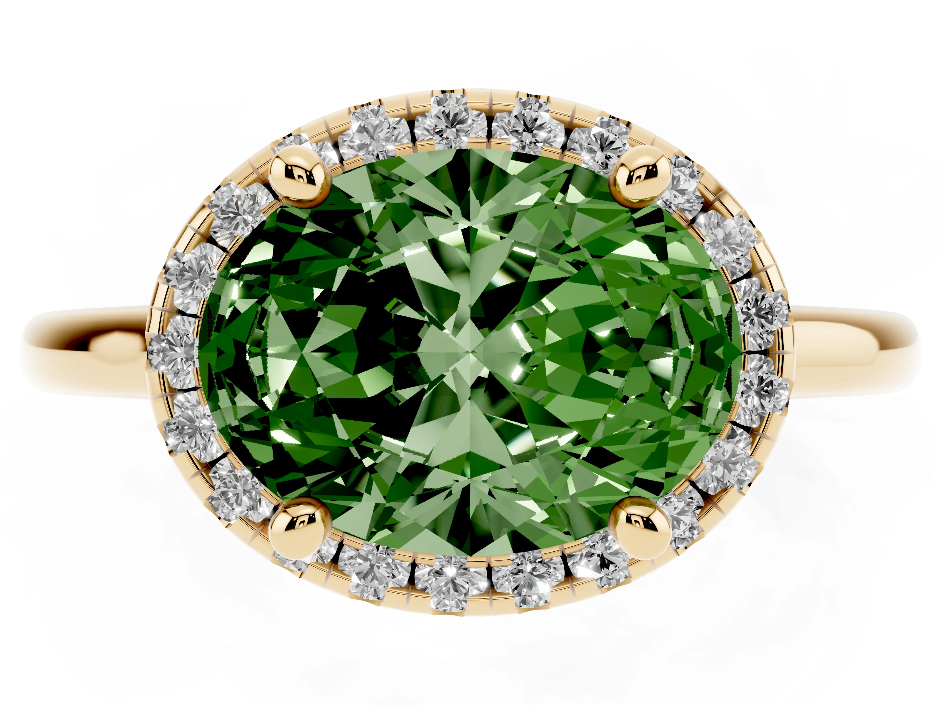 Fancy Green Oval Cut Diamond Halo Engagement Ring Set in Yellow gold with Pavé Band and Rising Shoulders