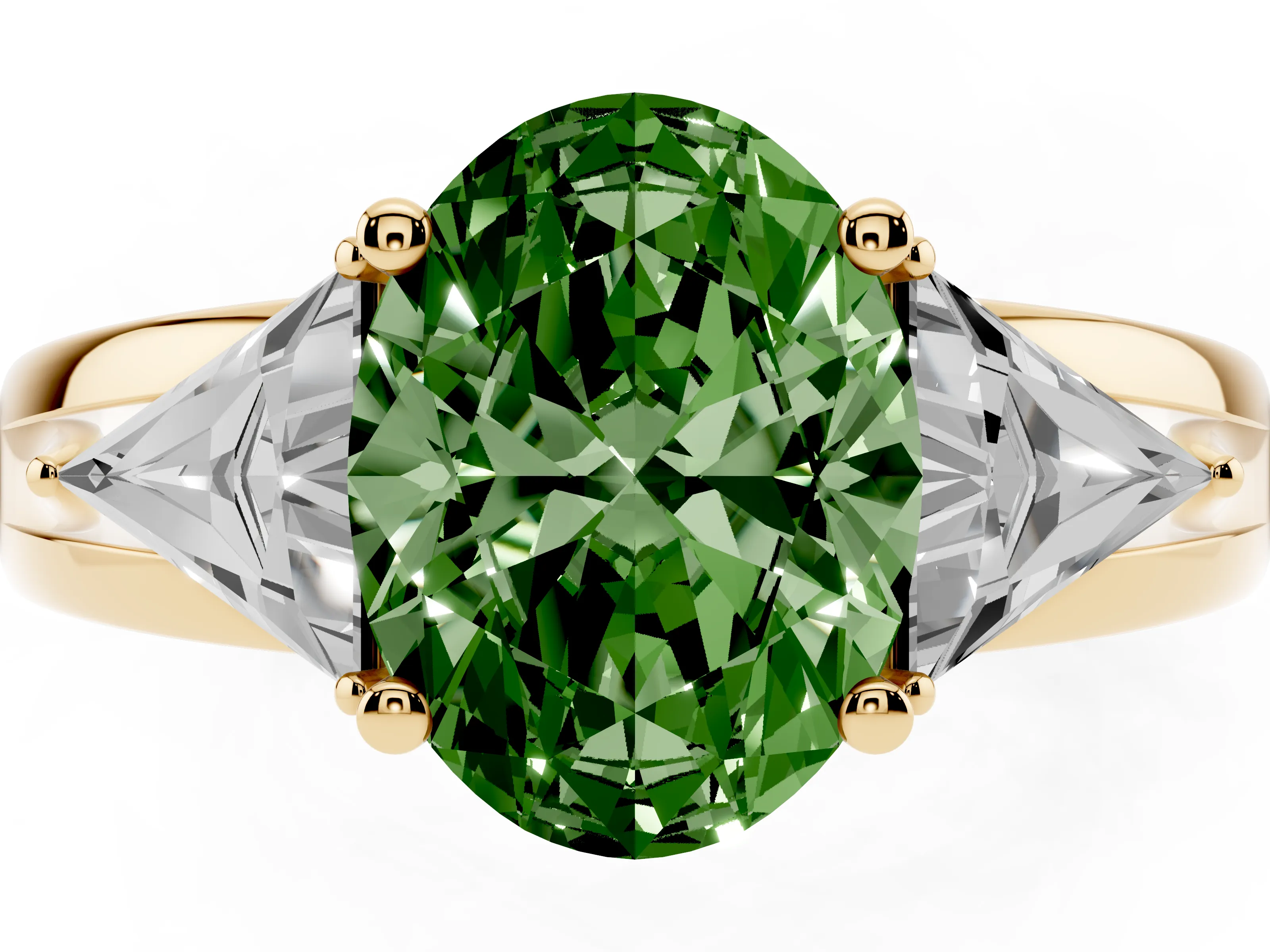 Fancy Green Oval Cut Diamond Three-Stone Ring Set in Yellow gold with Trillion Side Stones and Split Shank