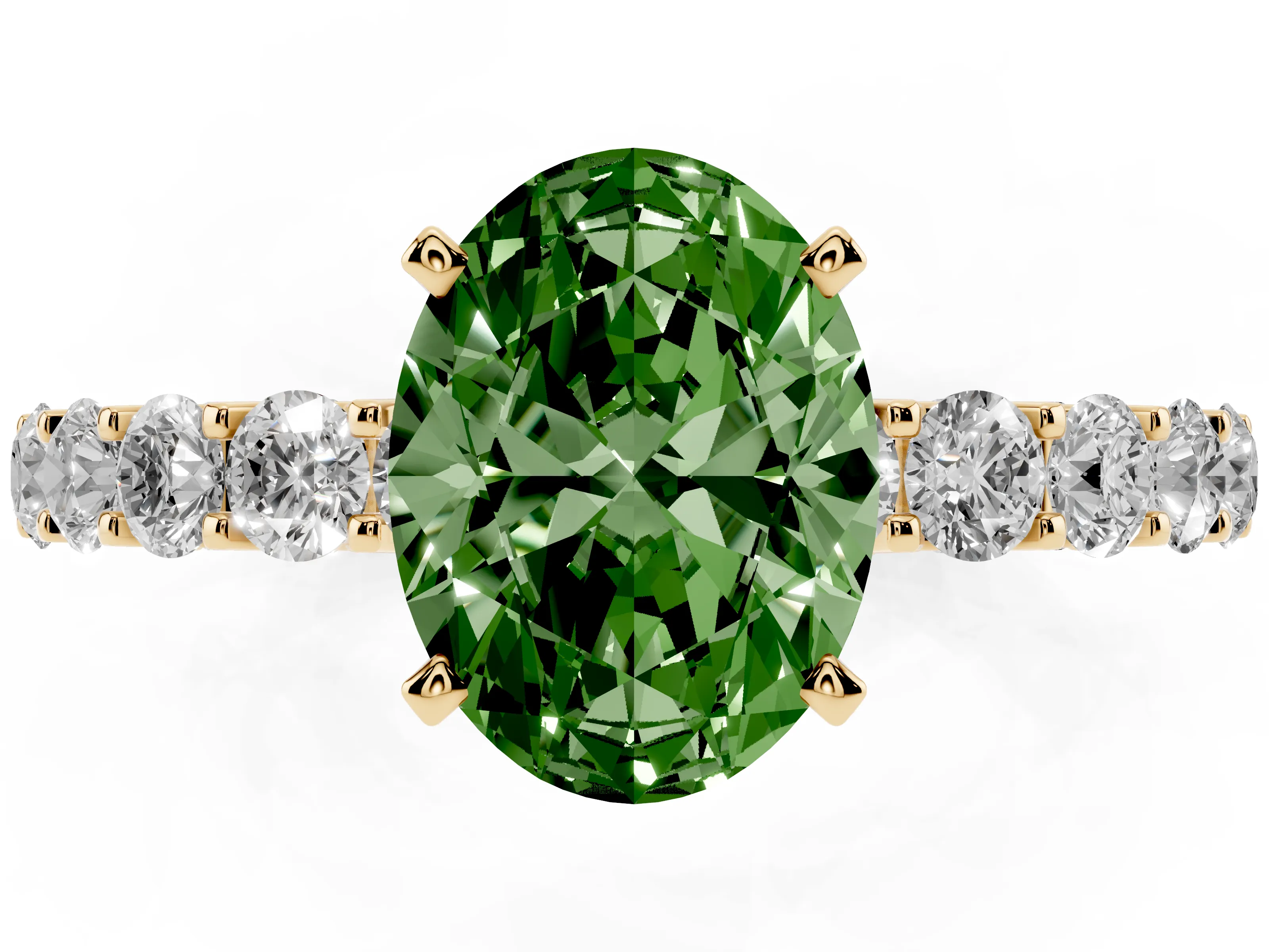 Fancy Green Oval Cut Diamond Solitaire Ring Set in Yellow gold with Shared Prong Pavé Band