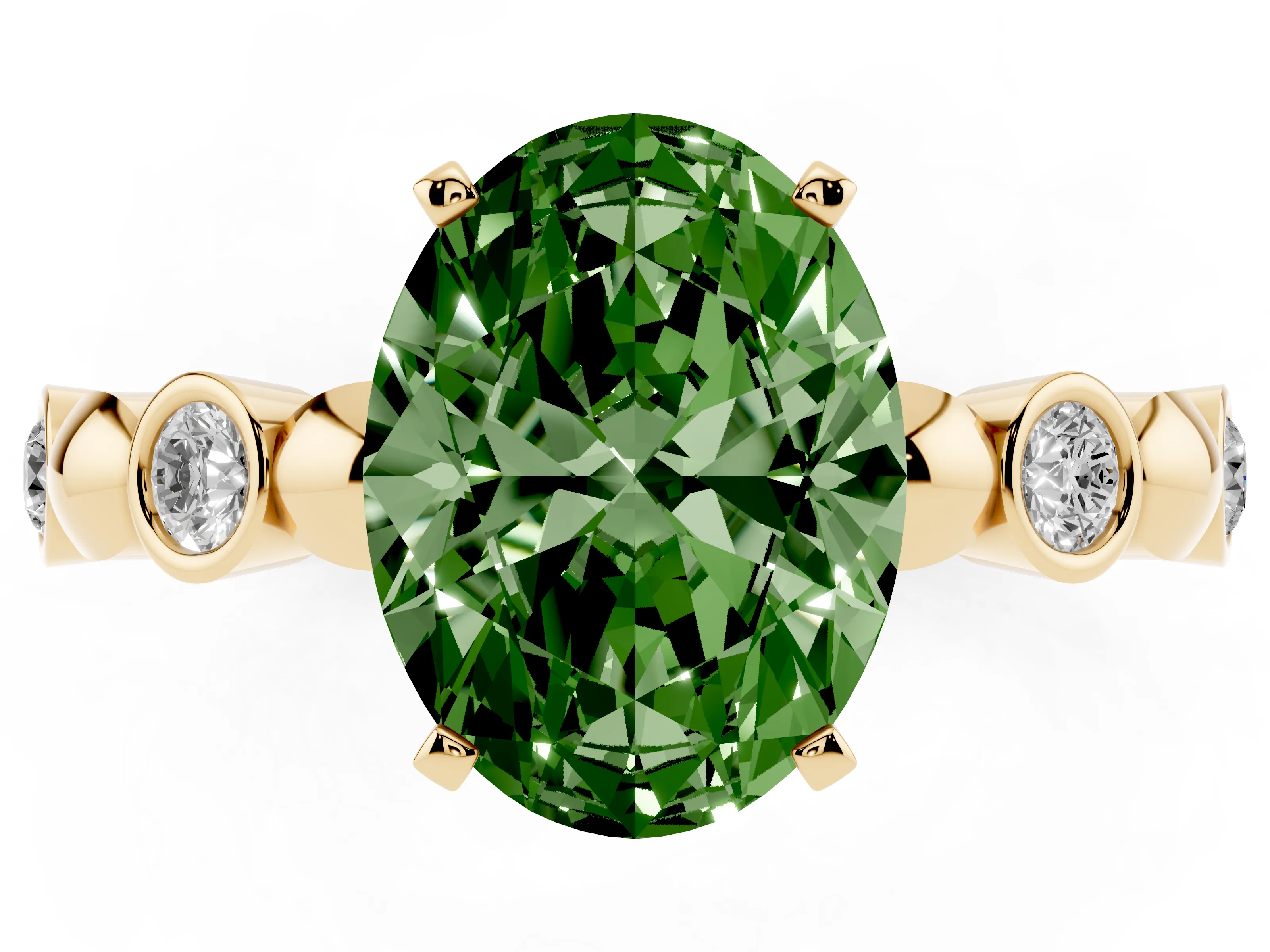 Fancy Green Oval Cut Diamond Solitaire Ring Set in Yellow gold with Bezel-Set Accents on Beaded Band and Prong Setting