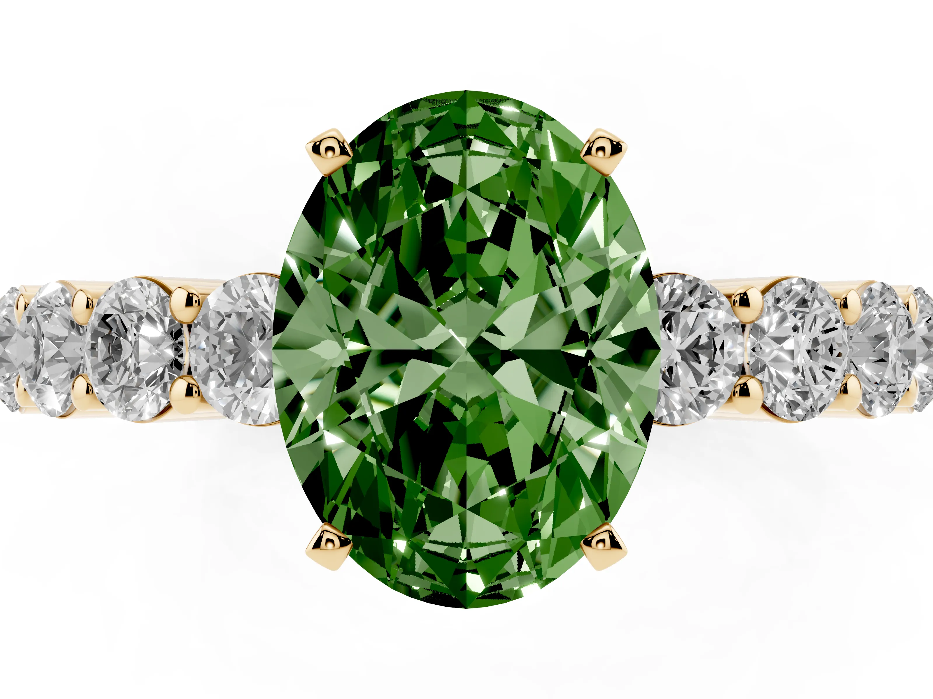 Fancy Green Oval Cut Diamond Solitaire Ring Set in Yellow gold with Shared Prong Round Side Stones