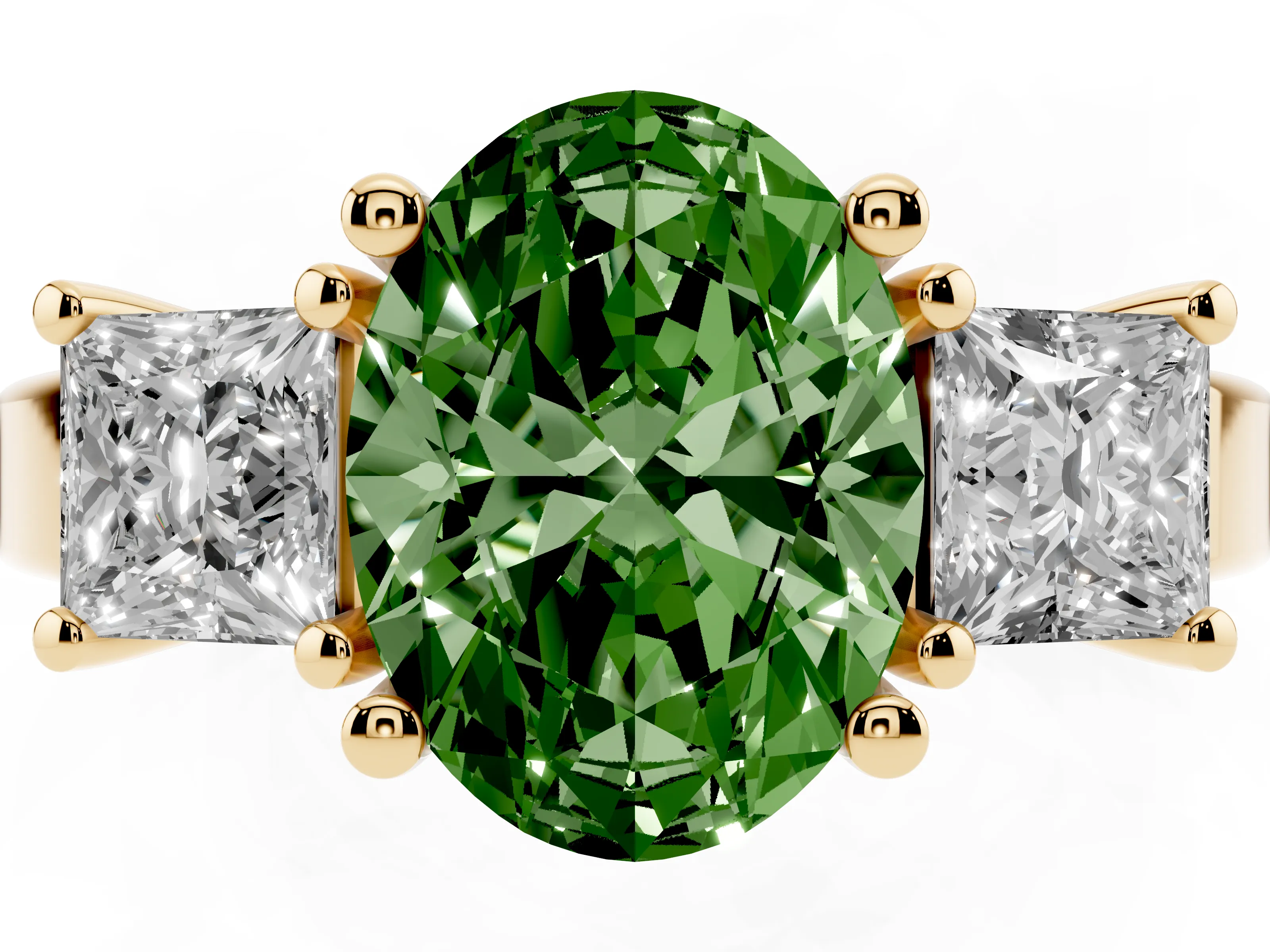 Fancy Green Three-Stone Oval Cut Diamond Solitaire Ring Set in Yellow gold with Prong Setting