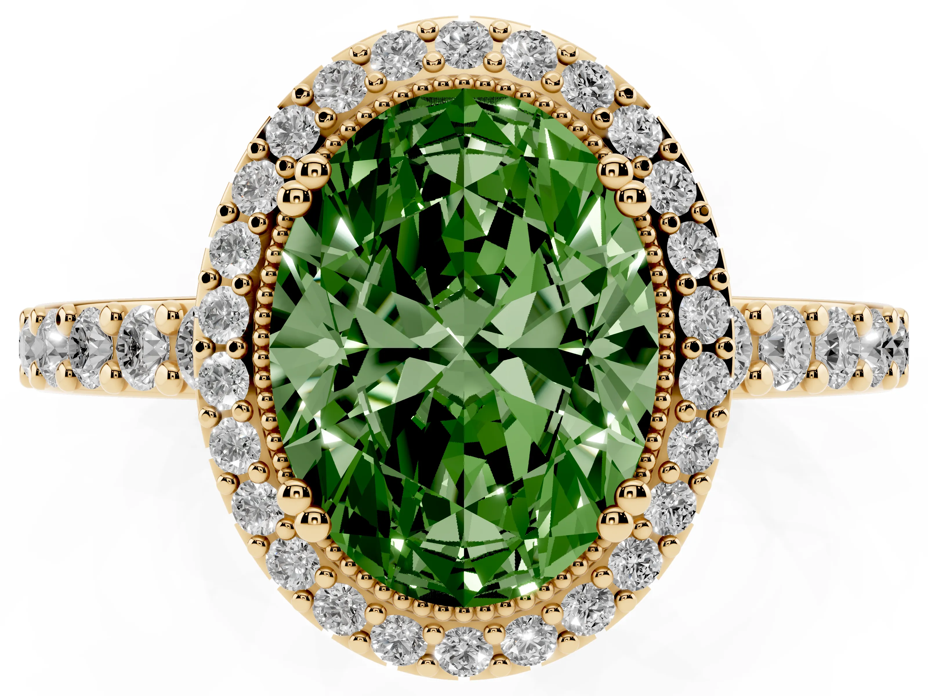 Fancy Green Oval Cut Diamond Halo Engagement Ring Set in Yellow gold with Milgrain Detail and Pavé Band