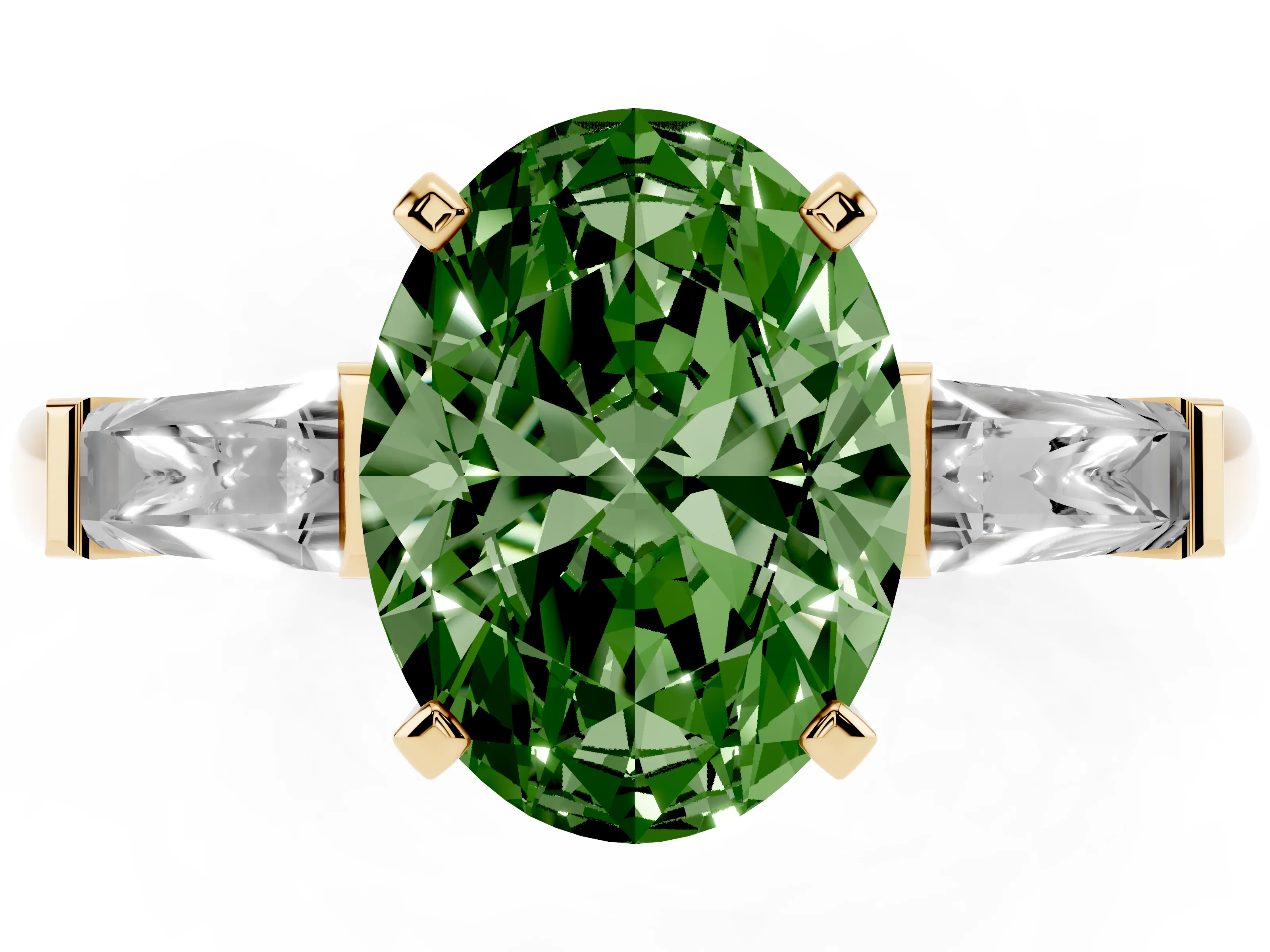 Fancy Green Oval Cut Diamond Solitaire Ring Set in Yellow gold with Tapered Baguette Side Stones and Prong Setting