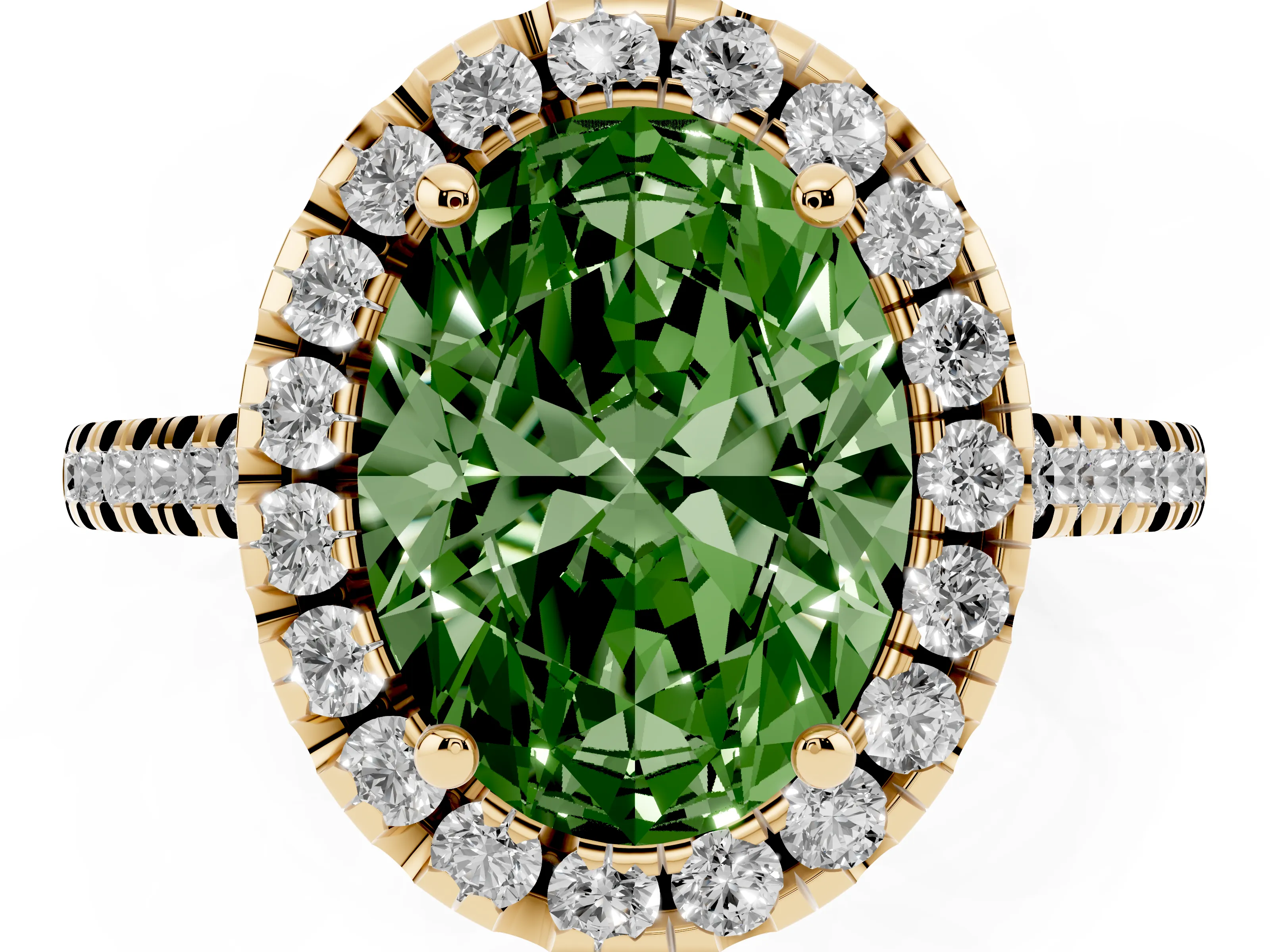 Fancy Green Oval Cut Diamond Cushion Halo Ring Set in Yellow gold with Pavé Band