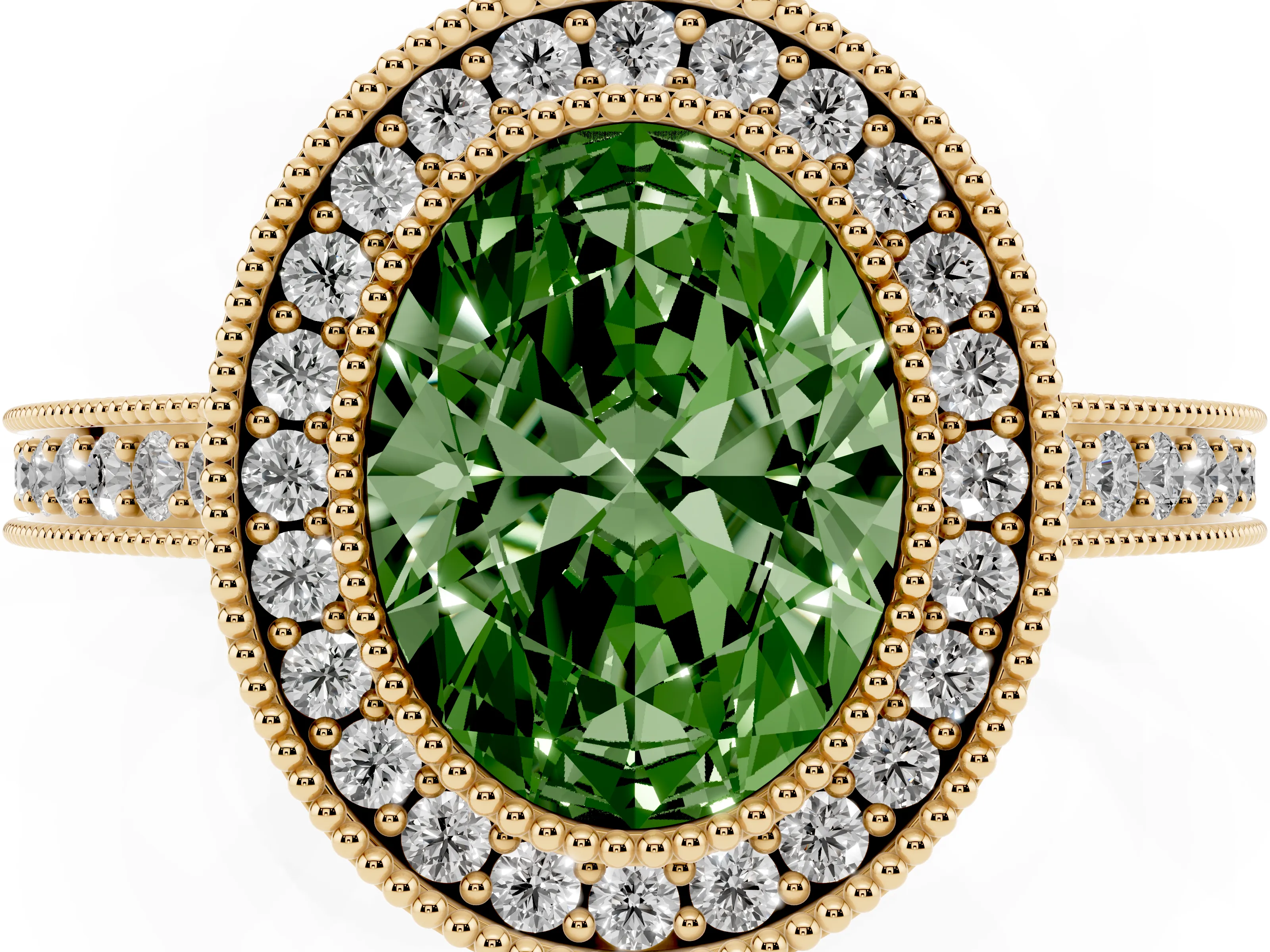 Fancy Green Oval Cut Diamond Round Halo Ring Set in Yellow gold with Pavé Band