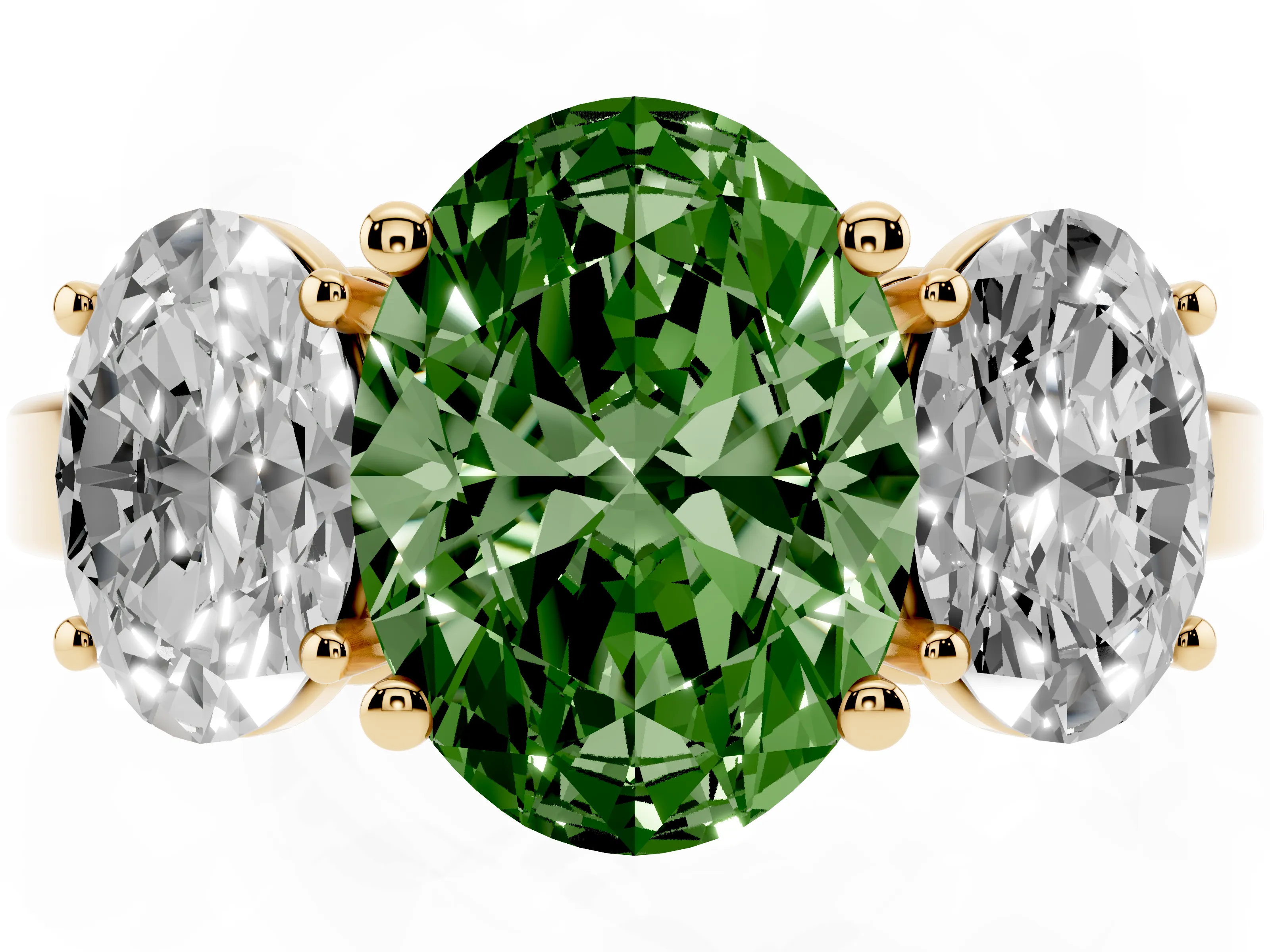 Fancy Green Oval Cut Diamond Three-Stone Engagement Ring Set in Yellow gold with Flat Band