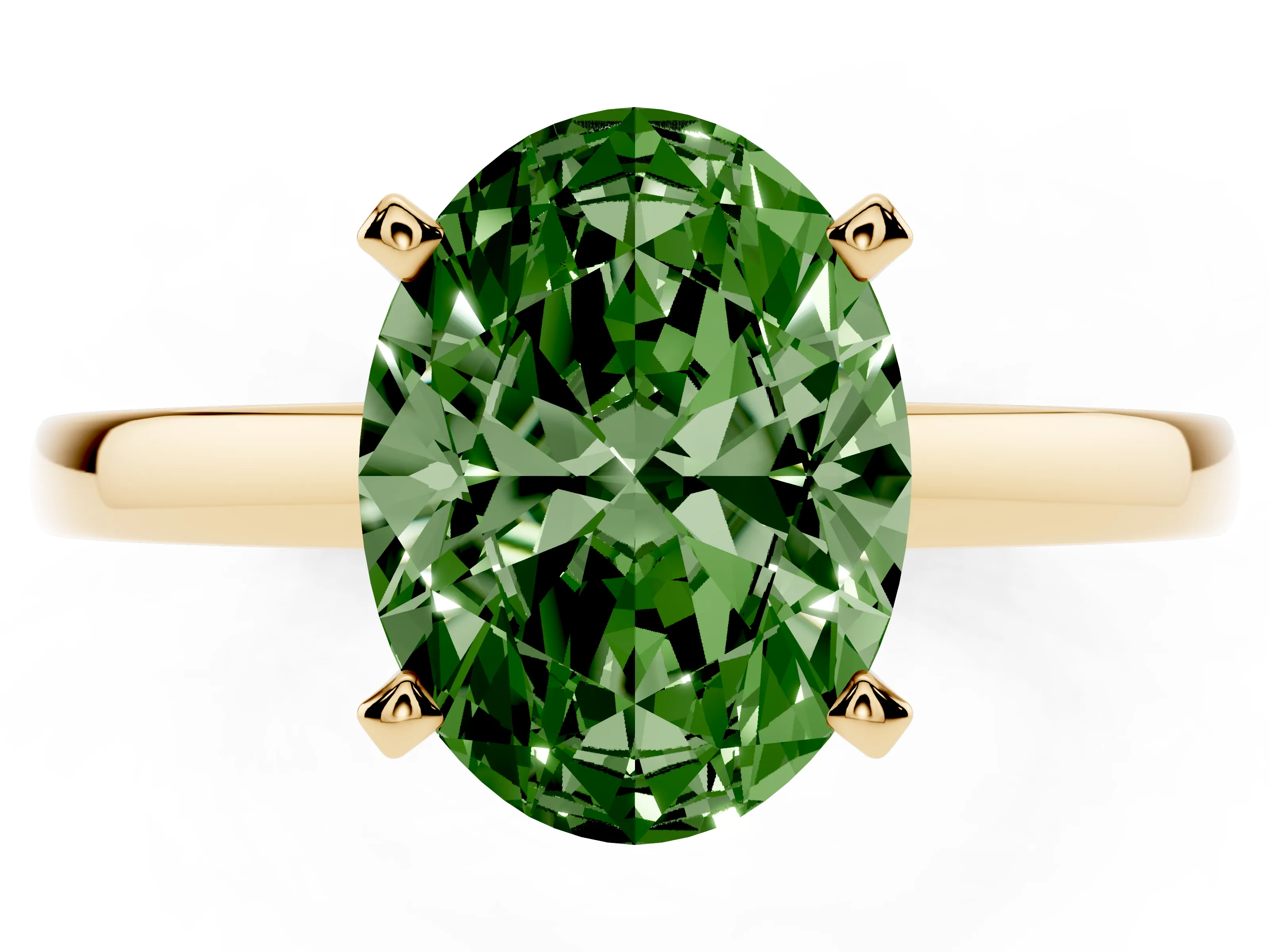 Fancy Green Oval Cut Diamond Solitaire Engagement Ring Set in Yellow gold with Prong Setting on a Classic Band