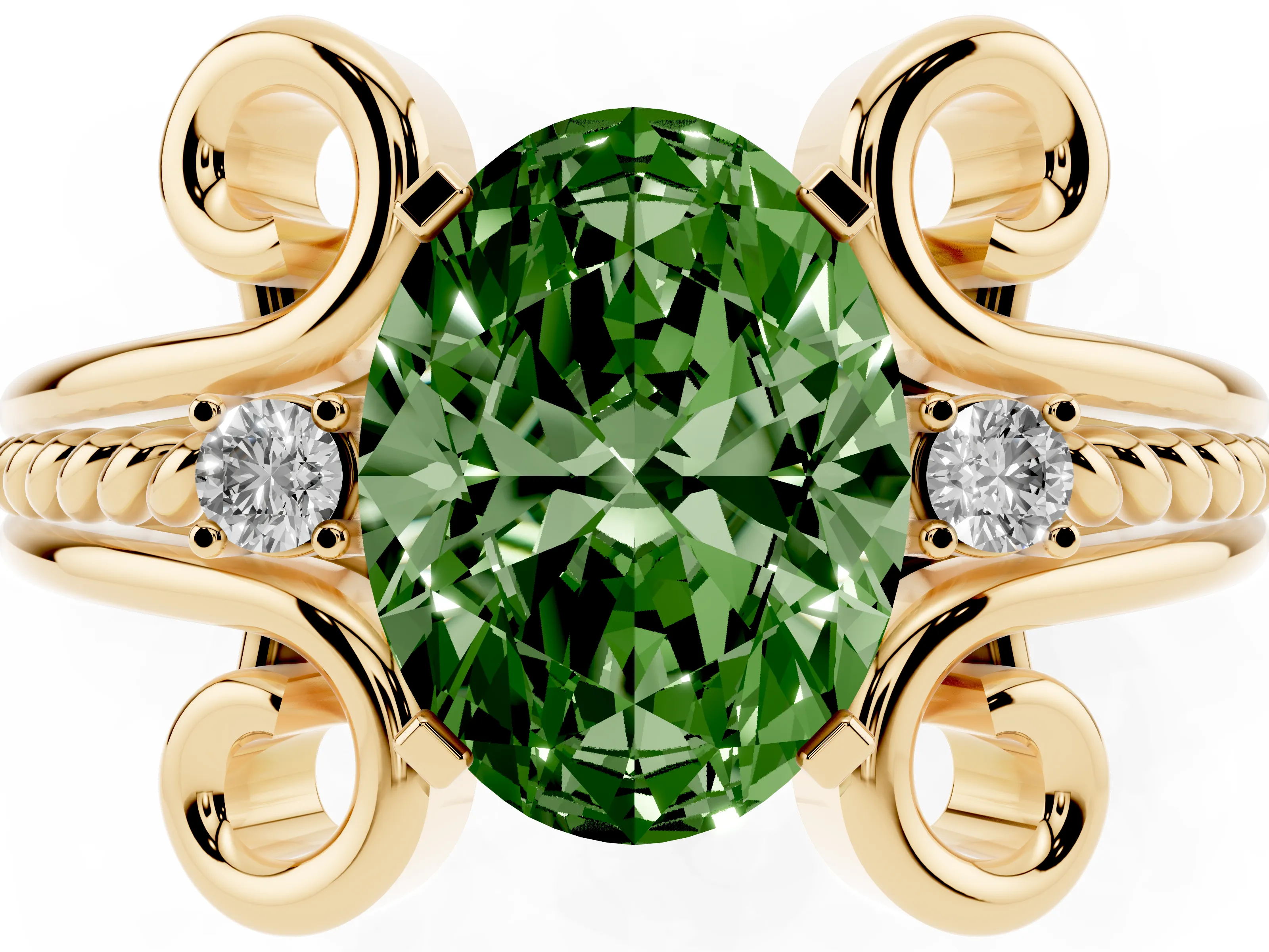 Fancy Green Oval Cut Diamond Twisted Band Solitaire Ring Set in Yellow gold with Scroll Prongs