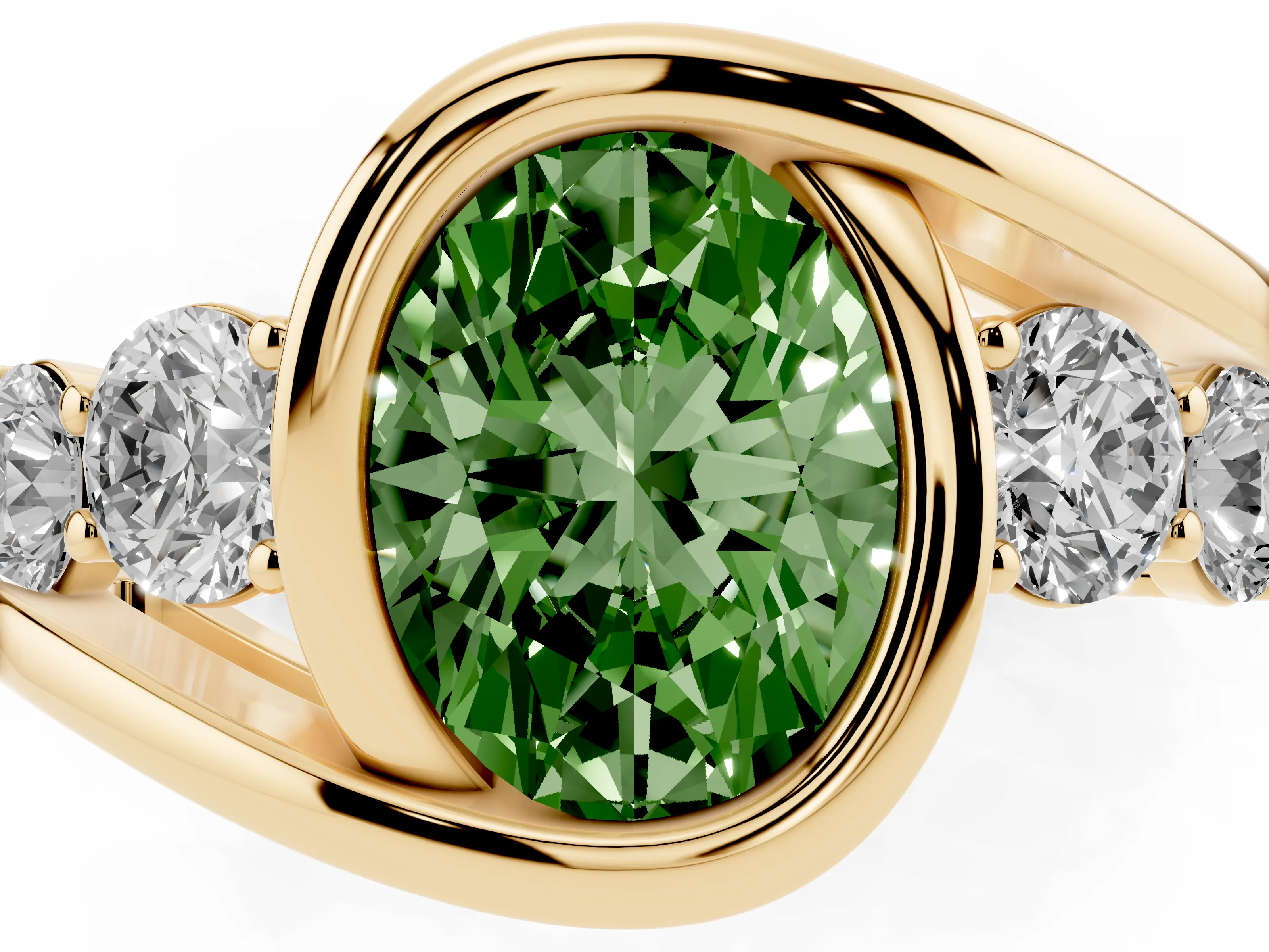 Fancy Green Oval Cut Diamond Bezel Bypass Ring Set in Yellow gold with Round Accents