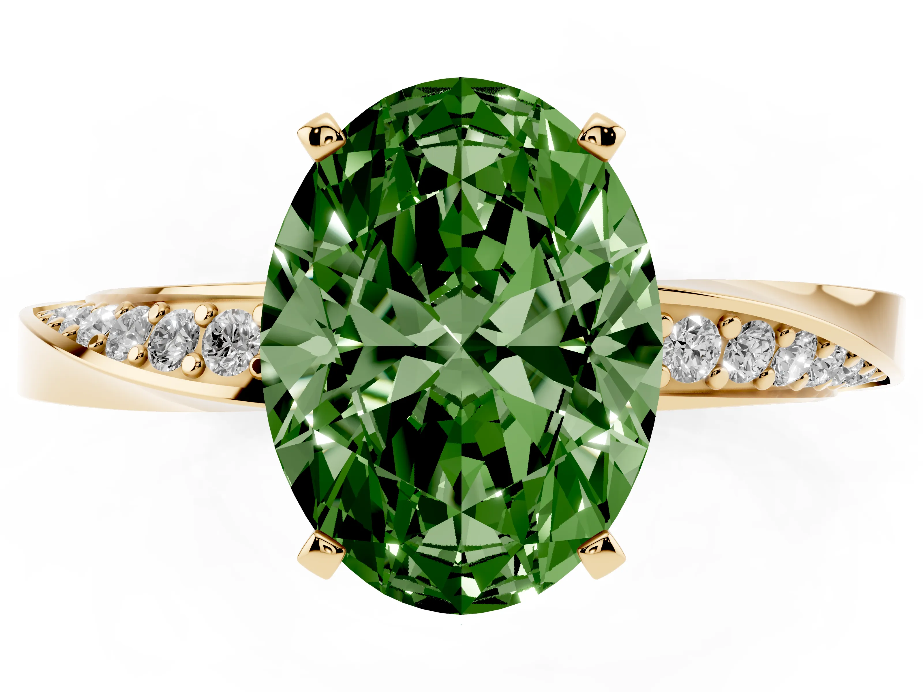 Fancy Green Oval Cut Diamond Engagement Ring Set in Yellow gold with Side Stone Accents and Prong Setting