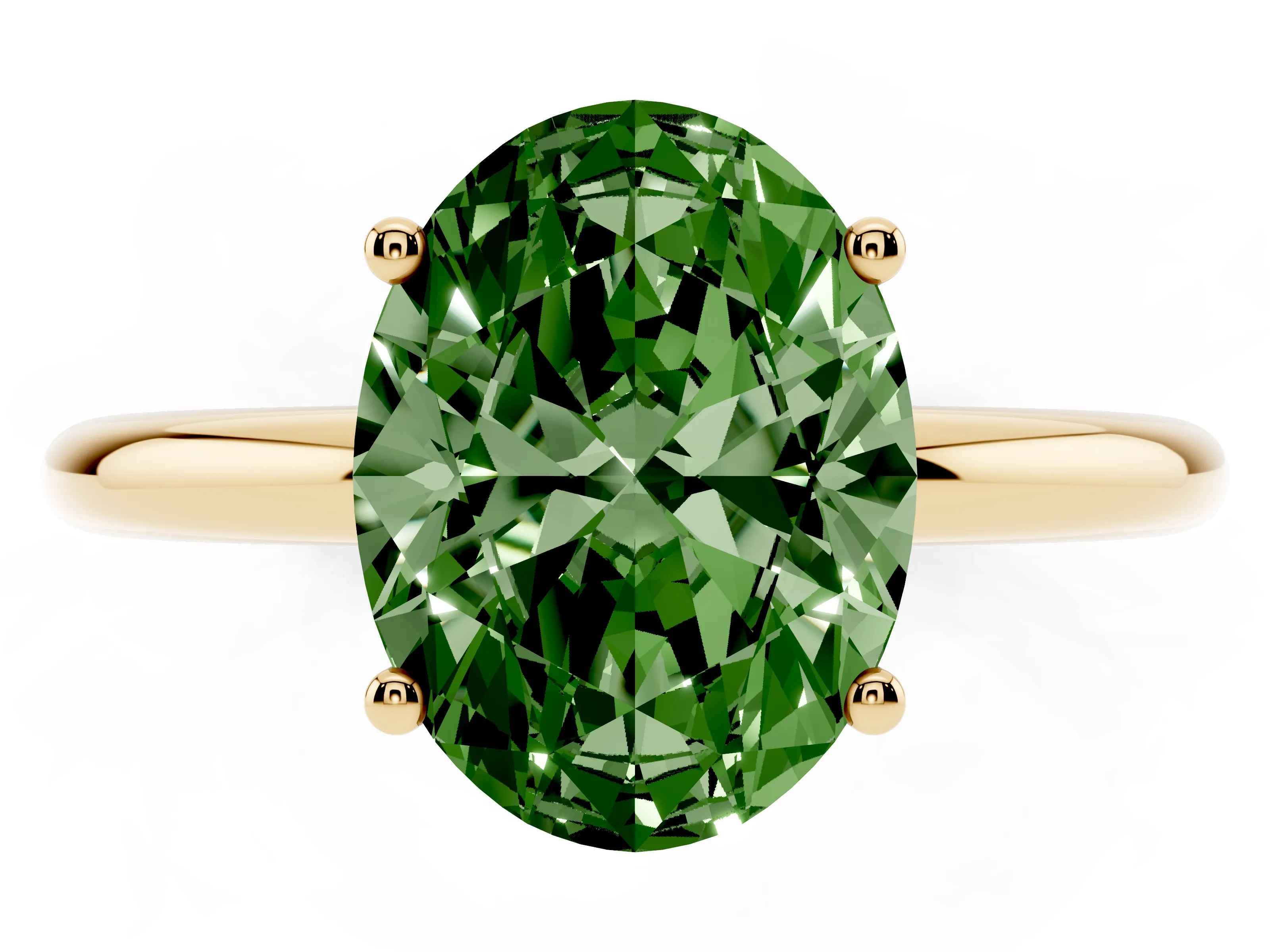 Fancy Green Oval Cut Diamond Solitaire Engagement Ring Set in Yellow gold with Prong Setting and Polished Band
