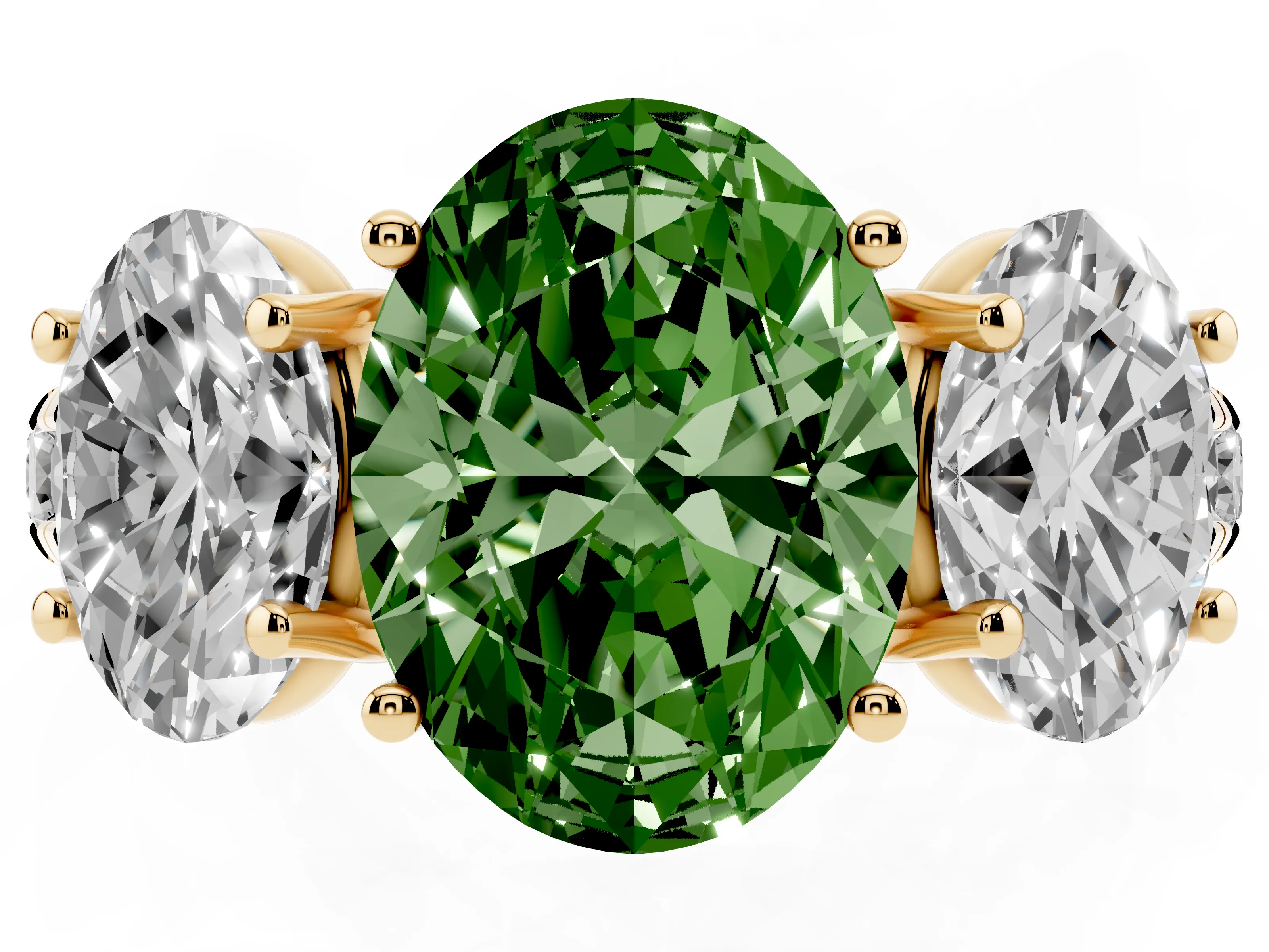 Fancy Green Oval Cut Diamond Three-Stone Ring Set in Yellow gold with Pavé Band