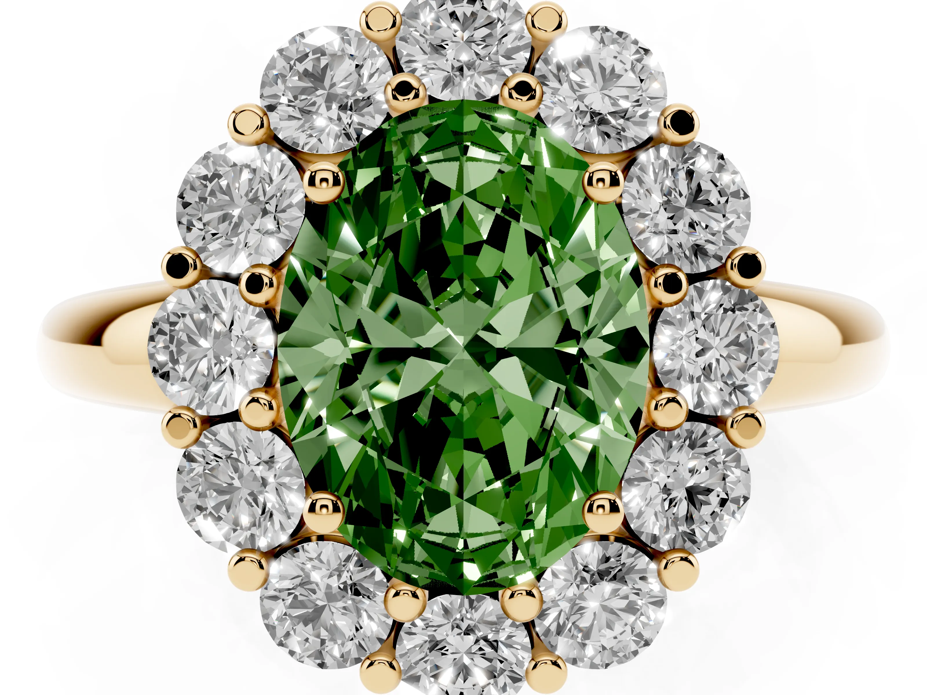 Fancy Green Oval Cut Diamond Halo Cluster Engagement Ring Set in Yellow gold with Polished Band and Prong Setting