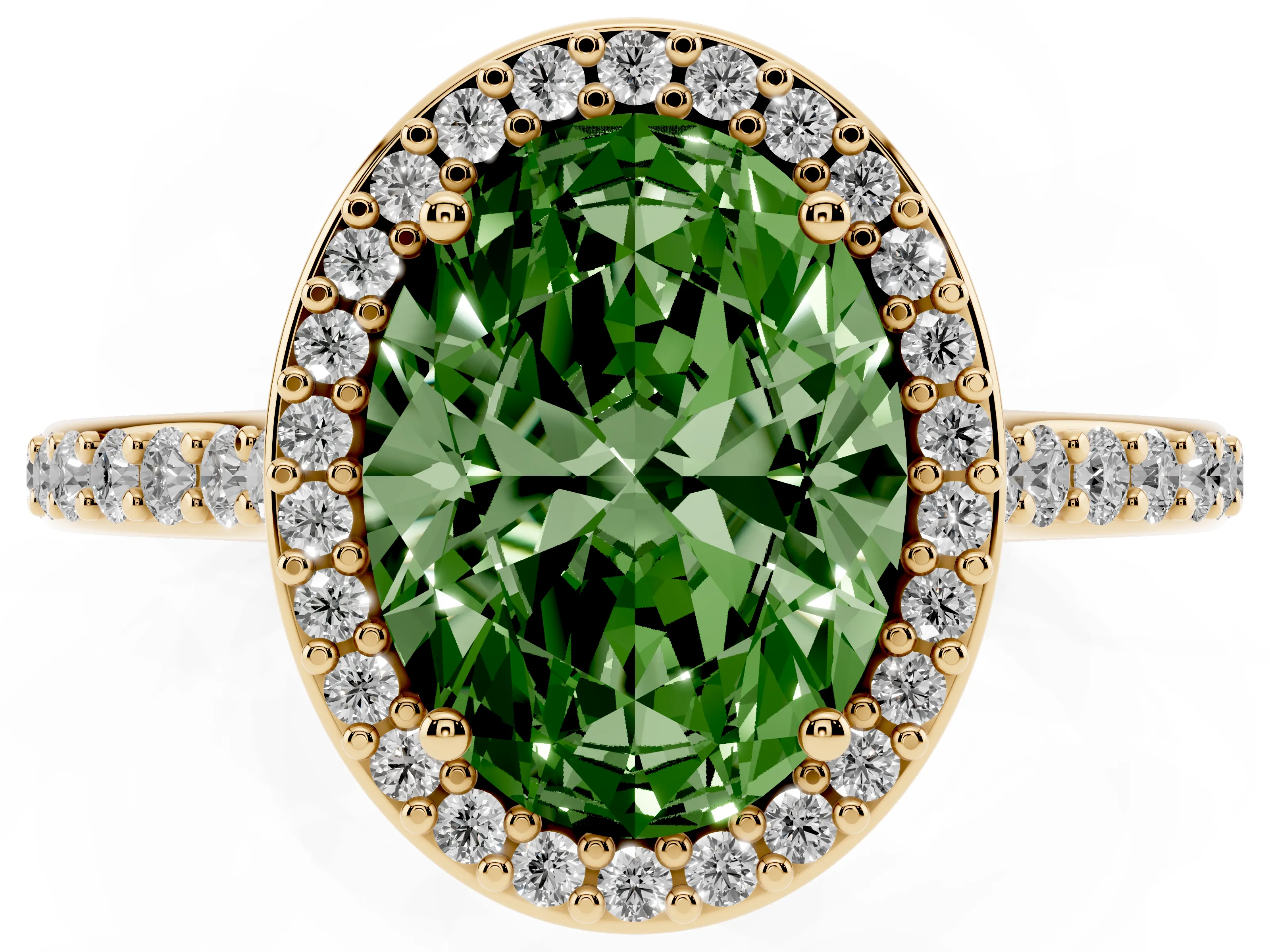 Fancy Green Oval Cut Diamond Halo Engagement Ring Set in Yellow gold with Round Pavé Shoulders and Heart Gallery