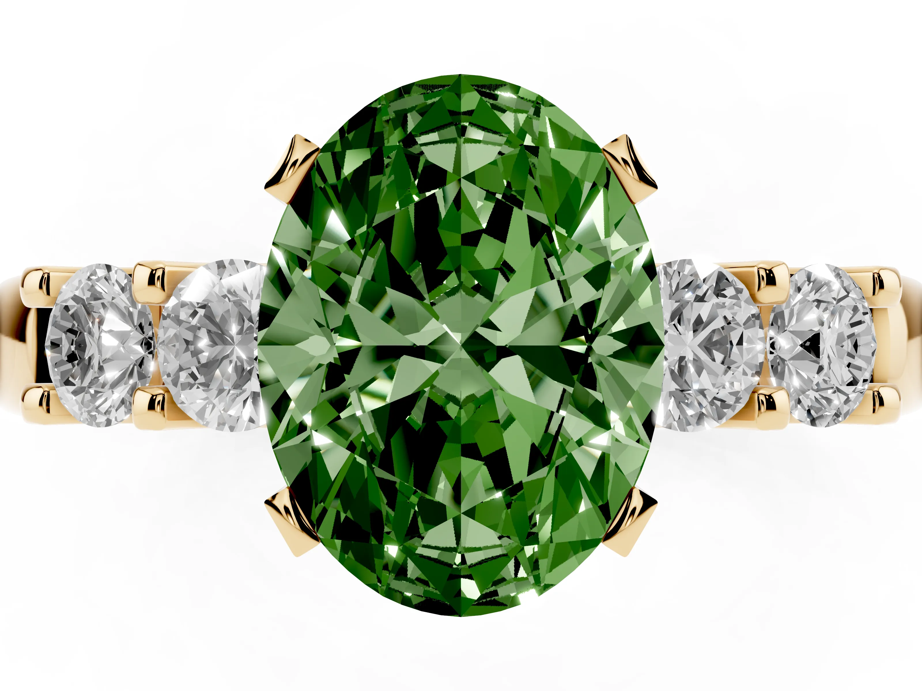 Fancy Green Oval Cut Diamond Five-Stone Prong Set Engagement Ring Set in Yellow gold with Channel Band