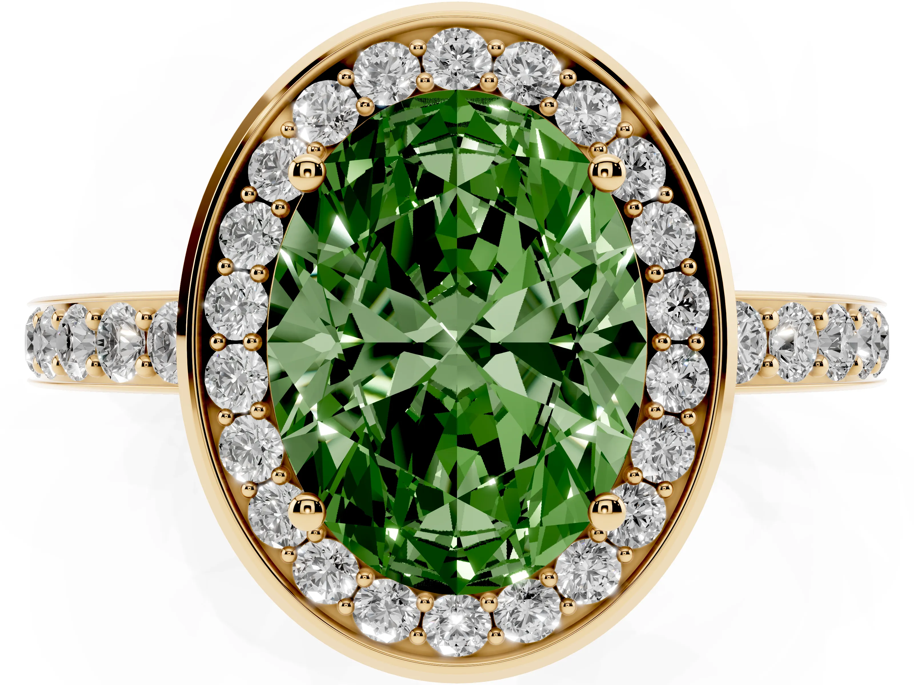 Fancy Green Oval Cut Diamond Halo Ring Set in Yellow gold with Bezel Frame and Pavé Band