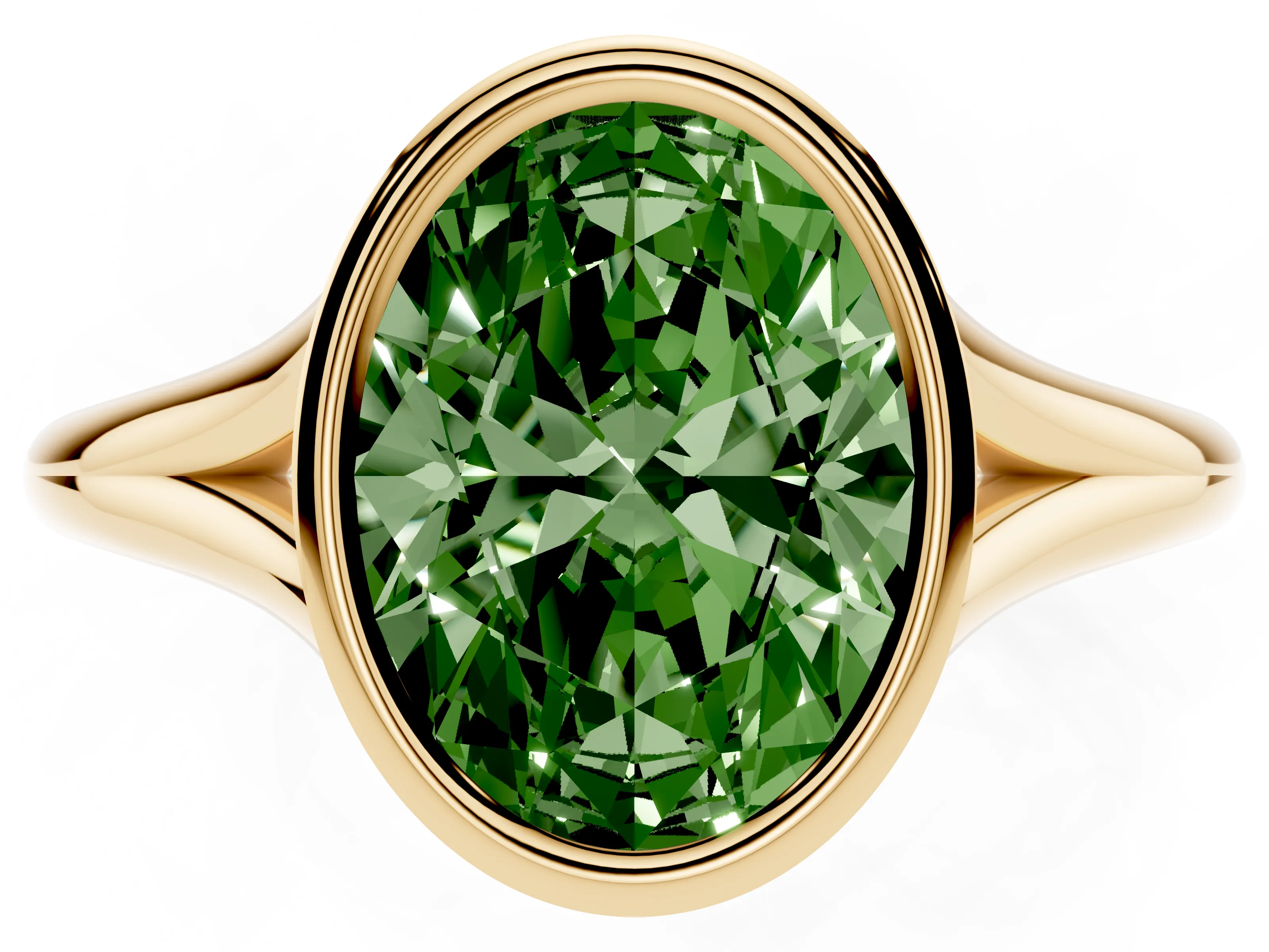 Fancy Green Bezel Set Oval Cut Diamond Solitaire Ring Set in Yellow gold with Tapered Band