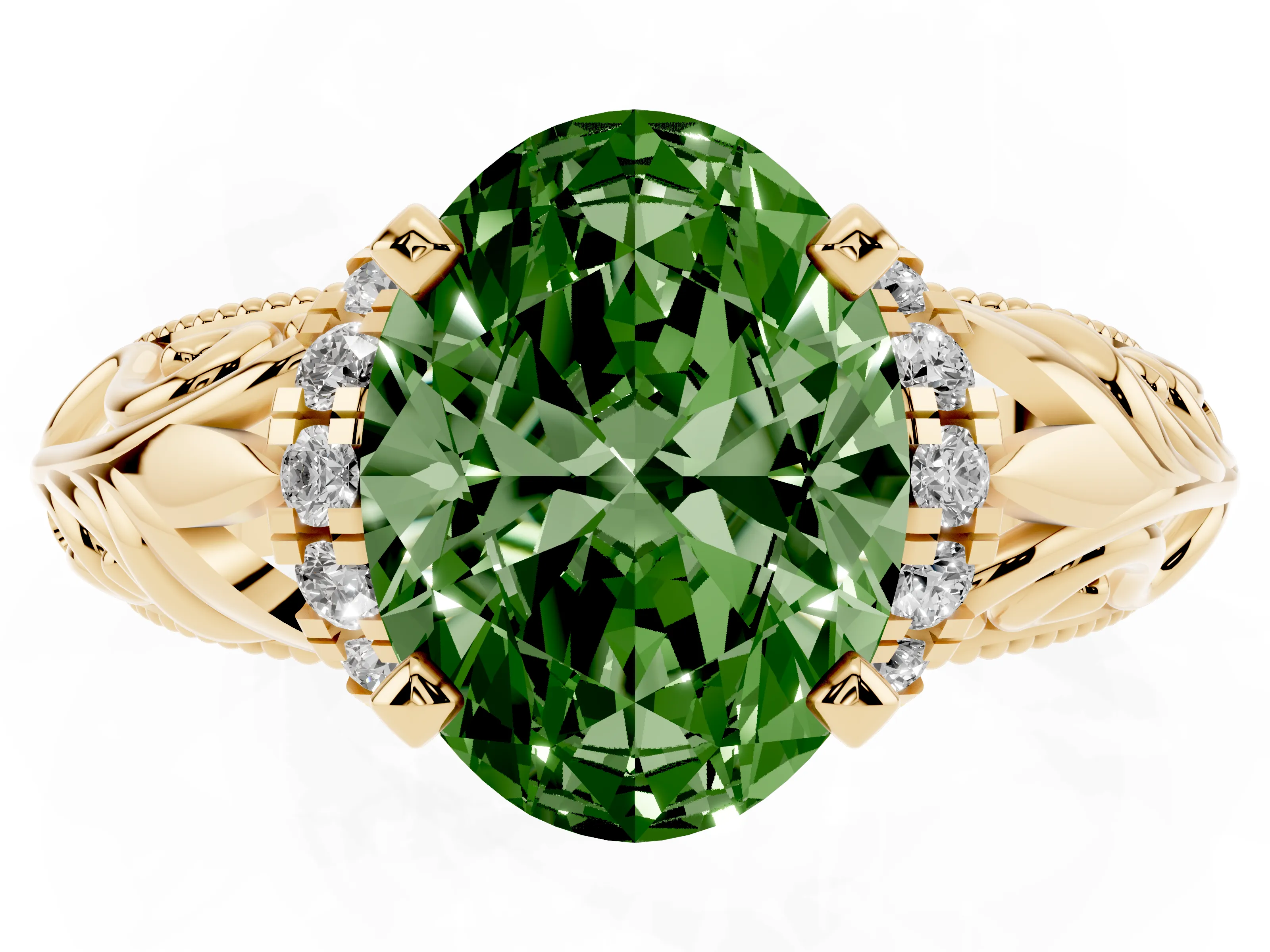Fancy Green Oval Cut Diamond Filigree Halo Engagement Ring Set in Yellow gold with Prong Setting