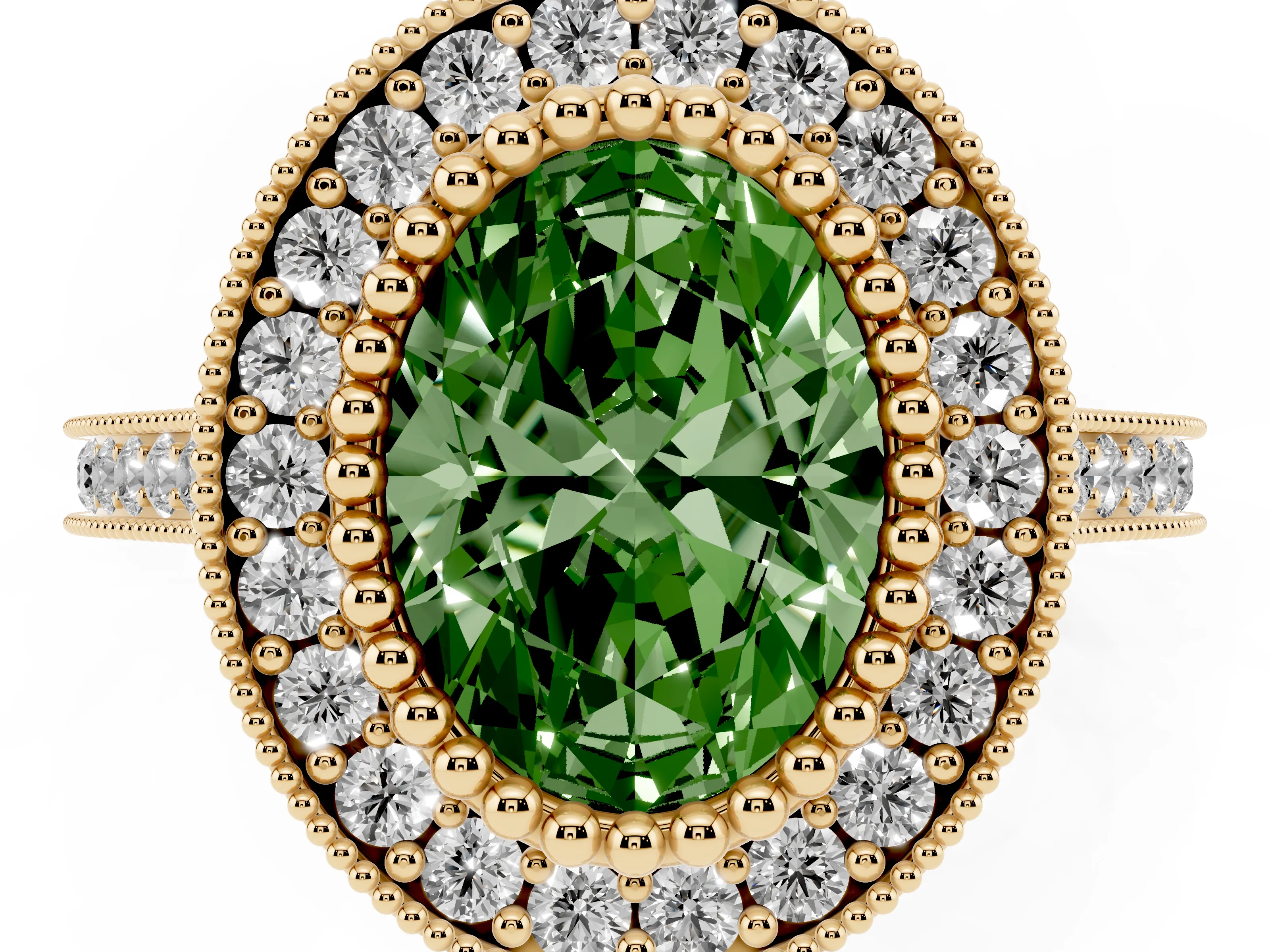 Fancy Green Oval Cut Diamond Halo Ring Set in Yellow gold with Milgrain Frame and Pavé Band