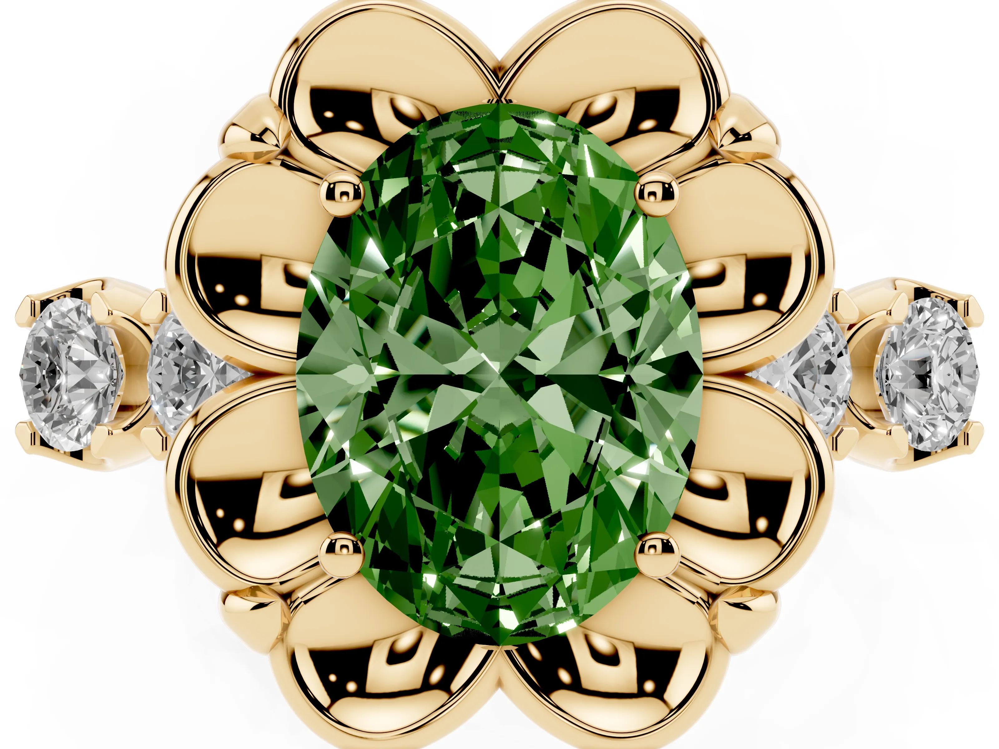 Fancy Green Oval Cut Diamond Floral Halo Ring Set in Yellow gold with Shared Prong Band