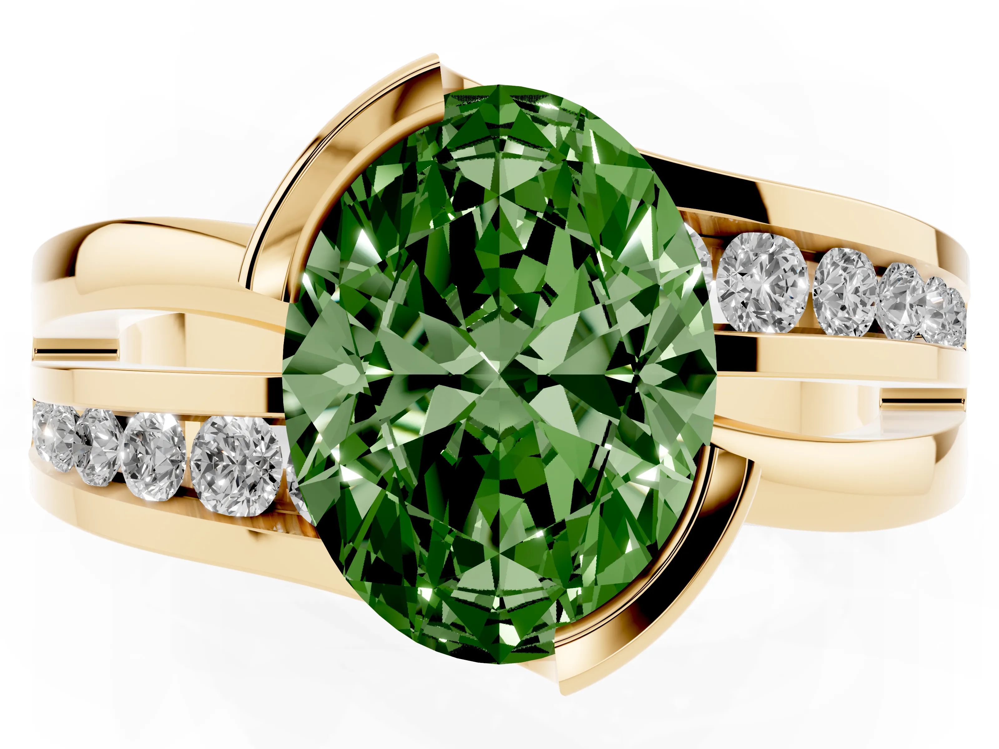 Fancy Green Oval Cut Diamond Solitaire Ring Set in Yellow gold with Channel Set Split Shank and Tension Prongs