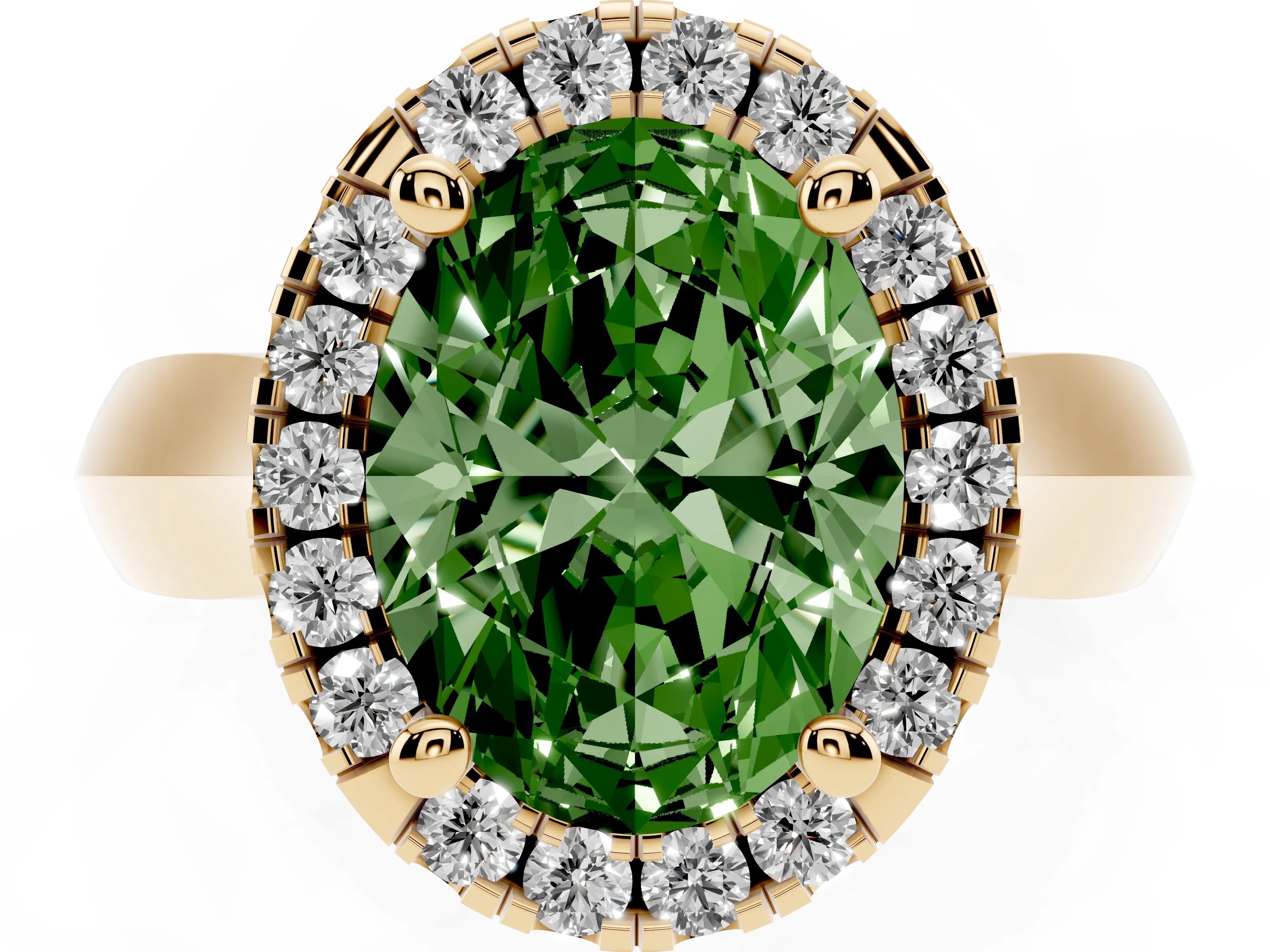 Fancy Green Oval Cut Diamond Halo Solitaire Engagement Ring Set in Yellow gold with Square Band and Prong Setting