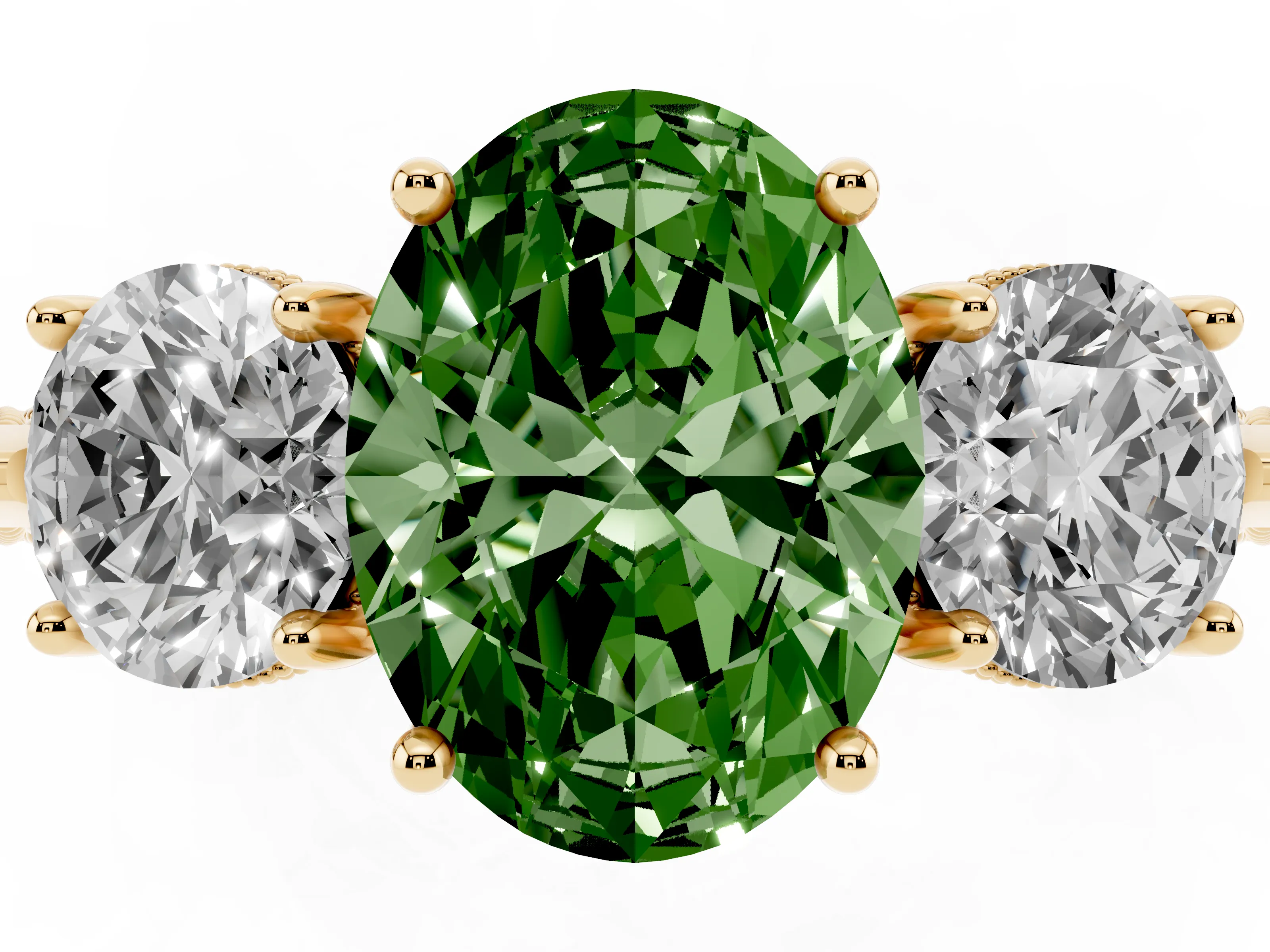 Fancy Green Oval Cut Diamond Three-Stone Ring Set in Yellow gold with Milgrain Band