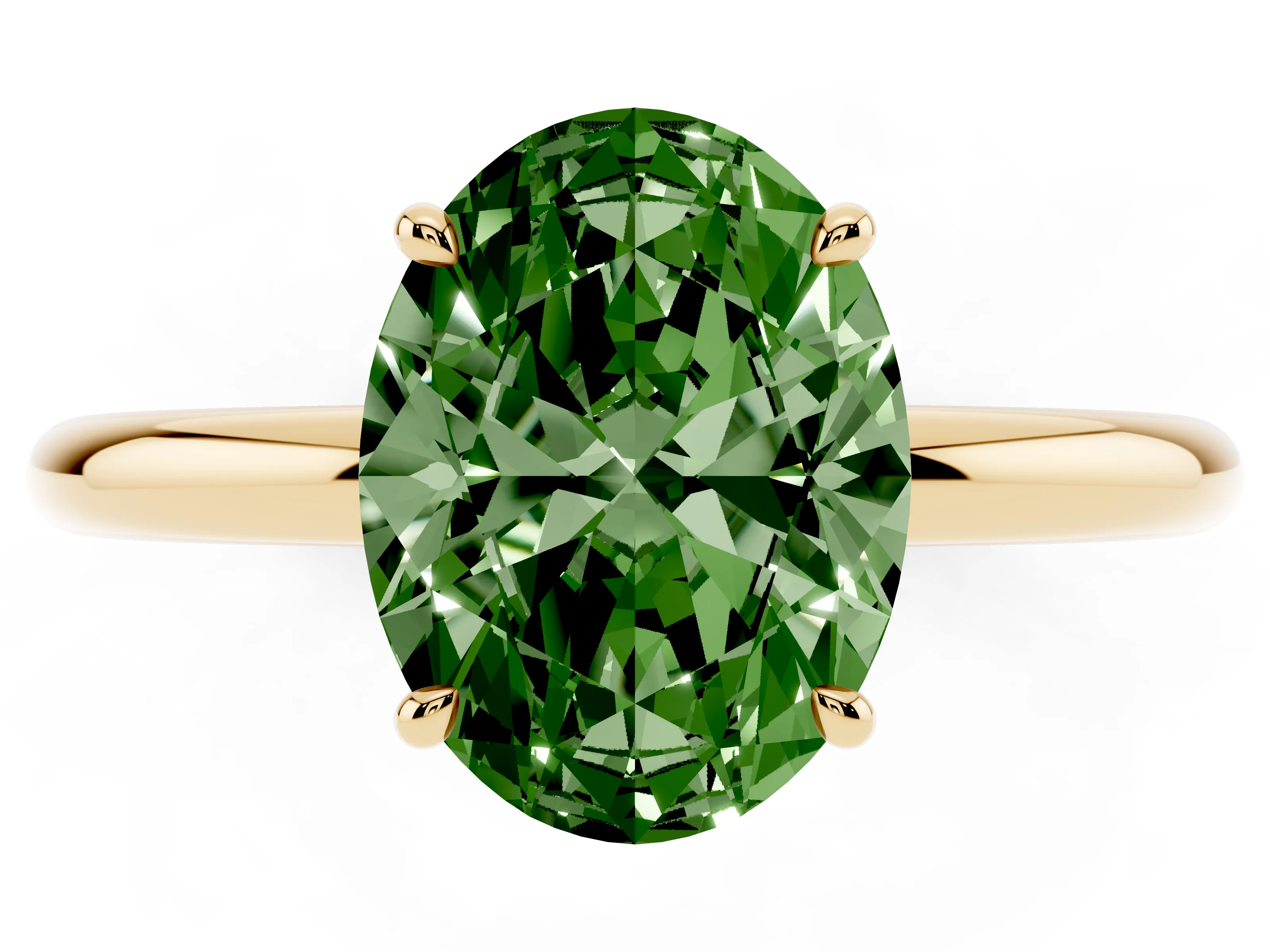 Fancy Green Oval Cut Diamond Solitaire Ring Set in Yellow gold with Thin Band and Prong Setting