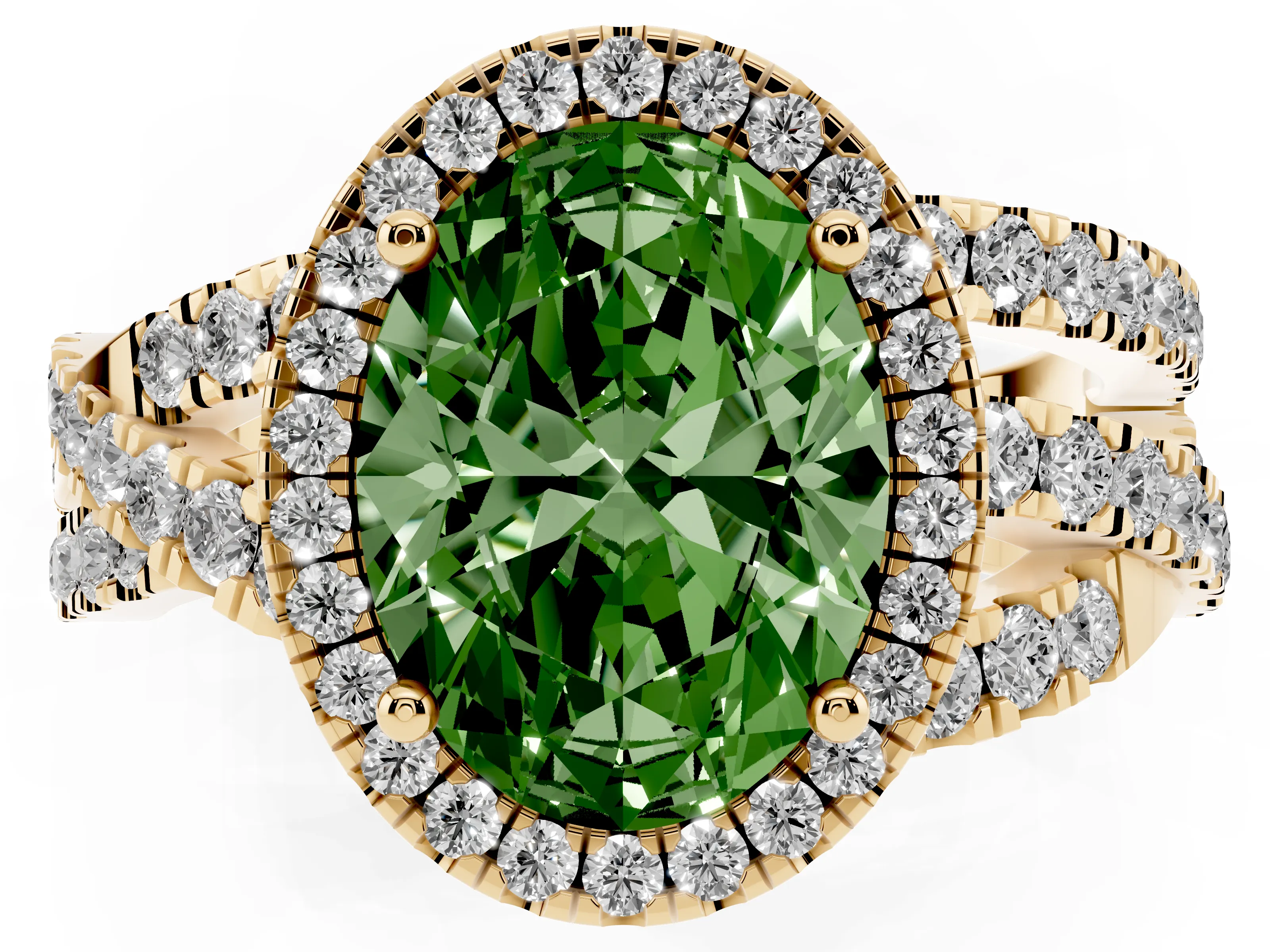 Fancy Green Oval Cut Diamond Halo Ring Set in Yellow gold with Round Crossover Split Shank and Prong Setting