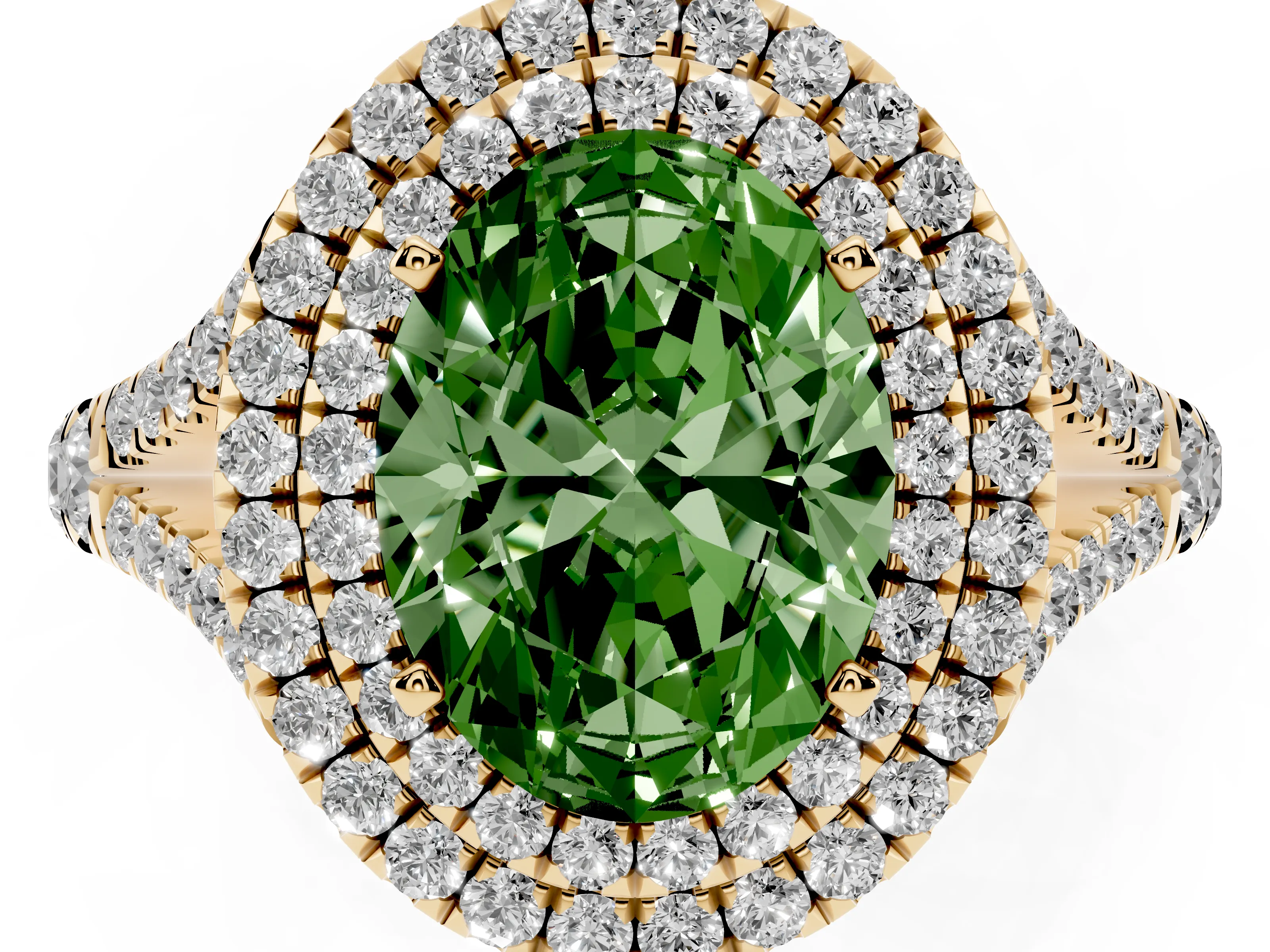 Fancy Green Oval Cut Diamond Pavé Split Shank Double Halo Engagement Ring Set in Yellow gold