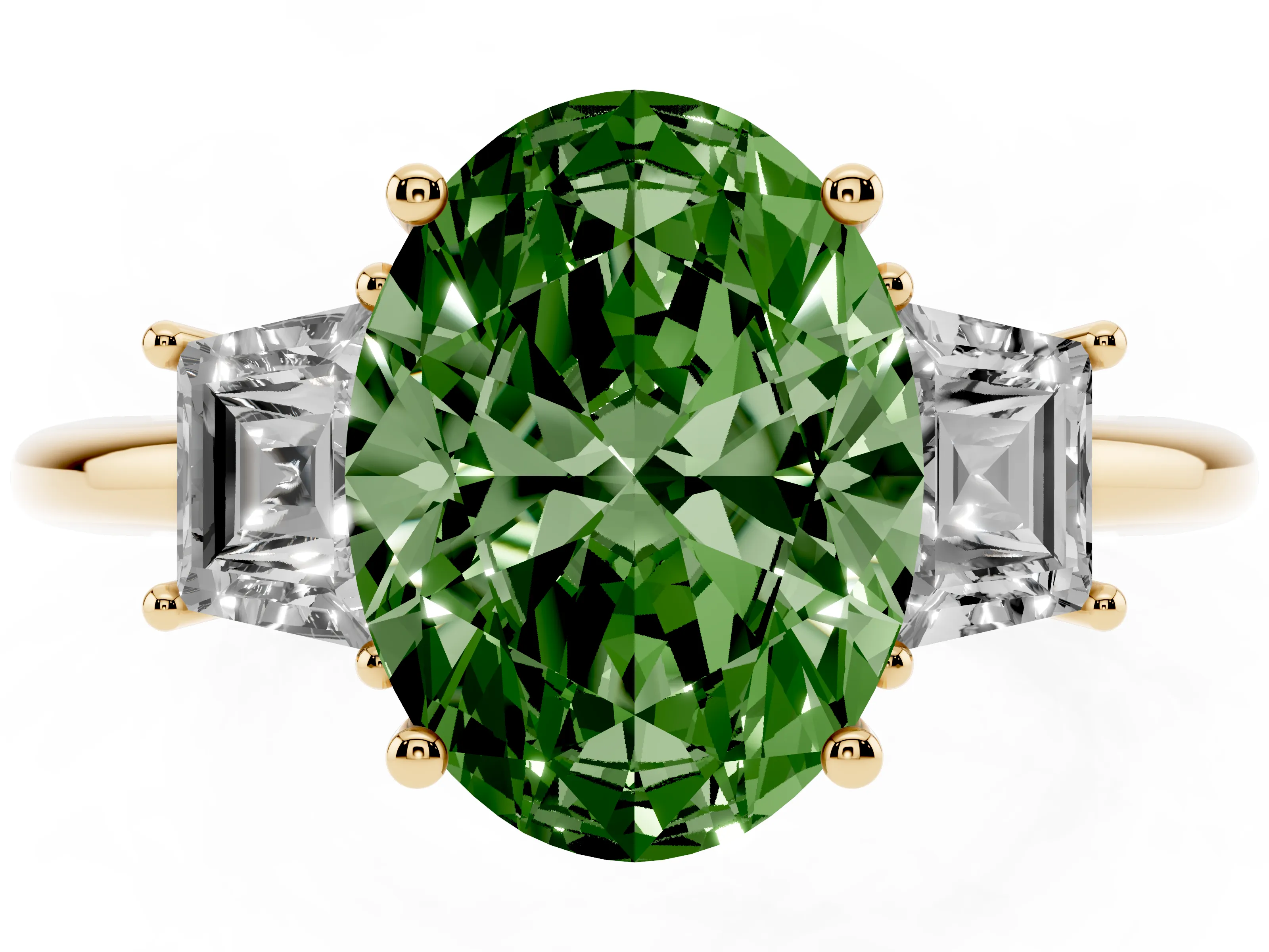 Fancy Green Oval Cut Diamond Three-Stone Ring Set in Yellow gold with Trapezoid Side Stones and Prong Setting