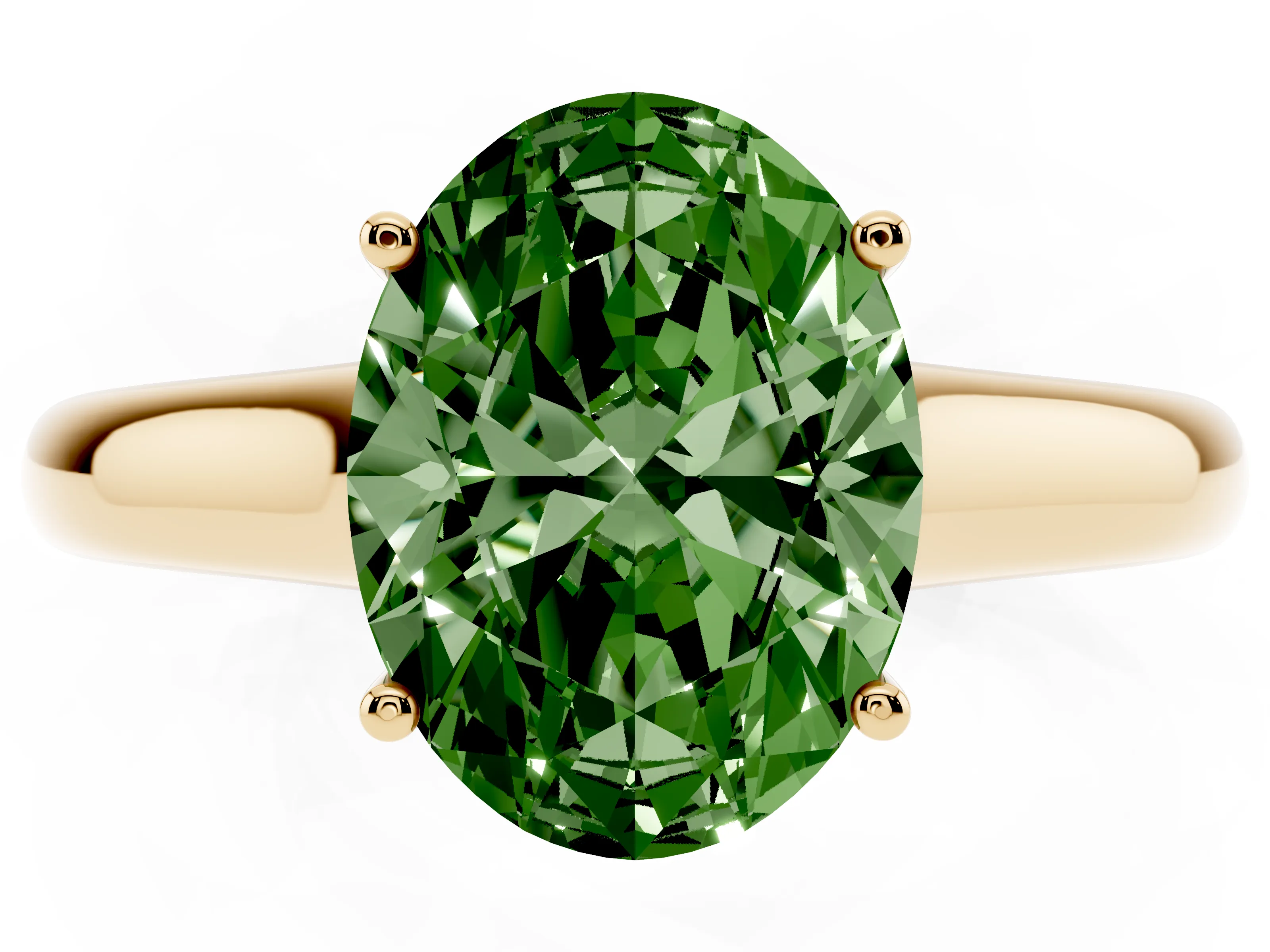 Fancy Green Oval Cut Diamond Solitaire Engagement Ring Set in Yellow gold with Subtly Tapered Band and Prong Setting