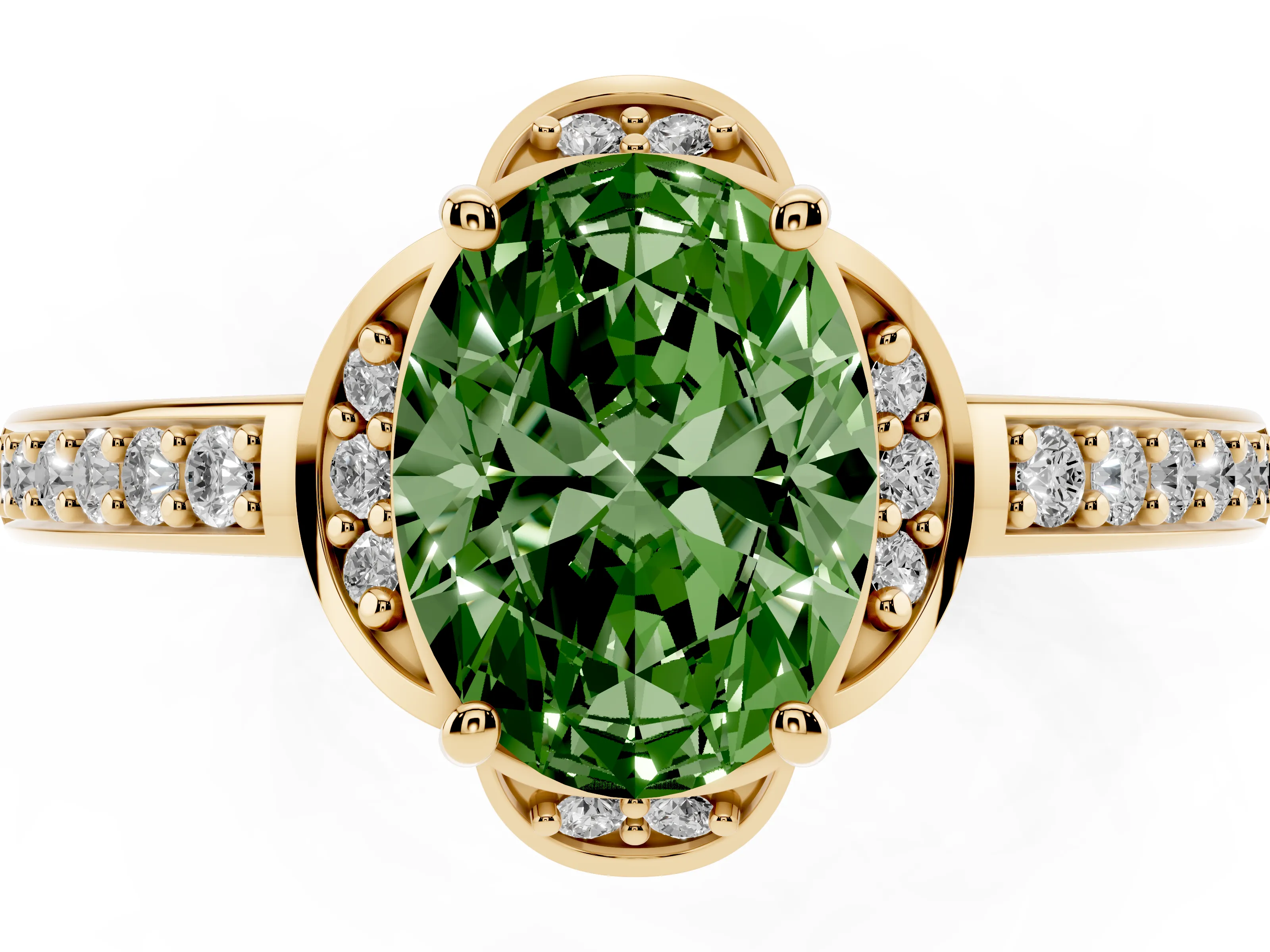 Fancy Green Oval Cut Diamond Halo Ring Set in Yellow gold with Channel Set Band and Prong Setting