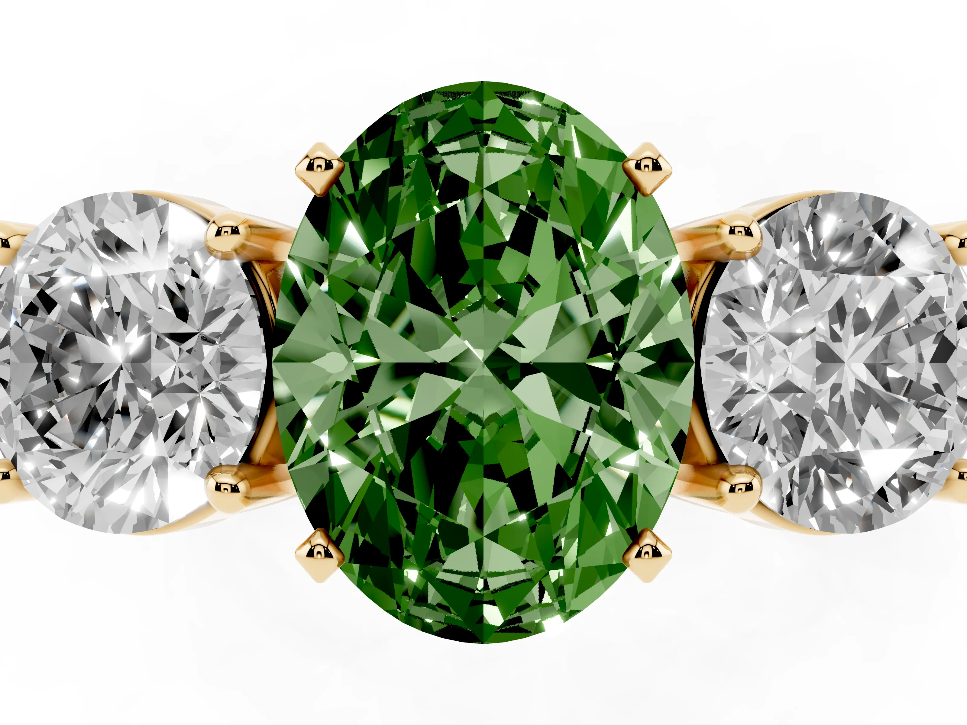 Fancy Green Oval Cut Diamond Three-Stone Ring Set in Yellow gold with Round Side Stones and Classic Band