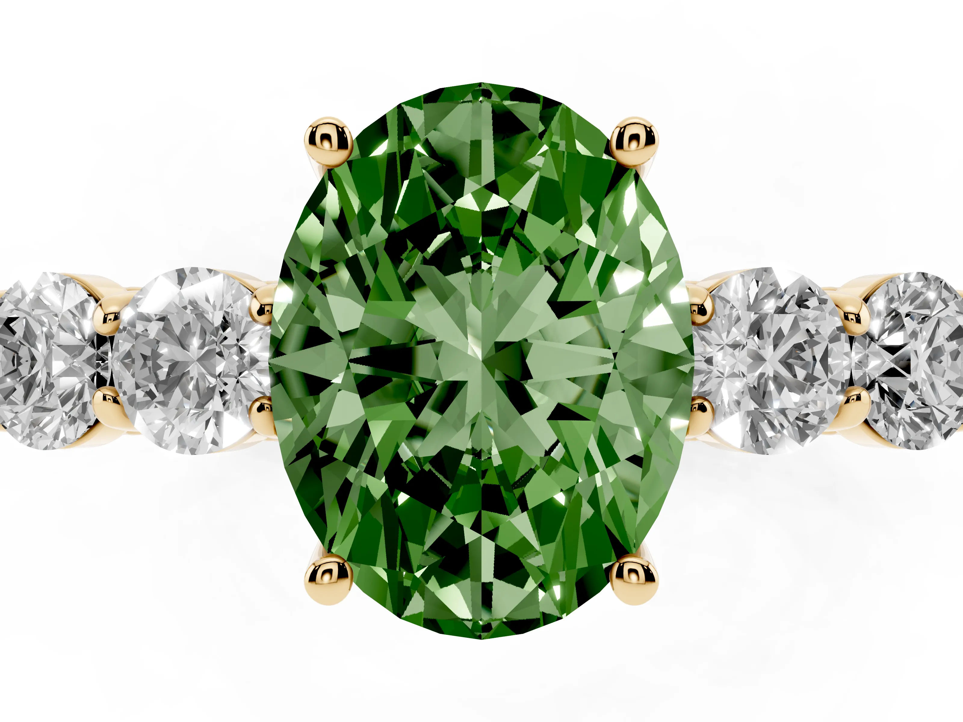 Fancy Green Oval Cut Diamond Five-Stone Prong Set Band Ring Set in Yellow gold with Polished Band